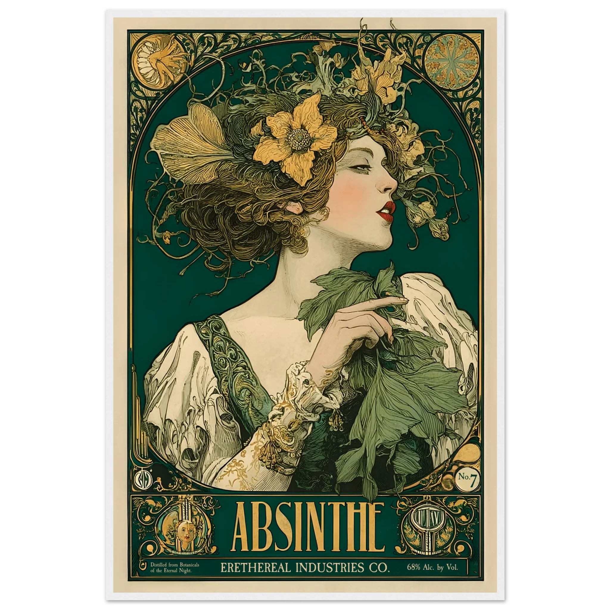 Vintage-style Absinthe advertisement poster with a woman and floral elements.