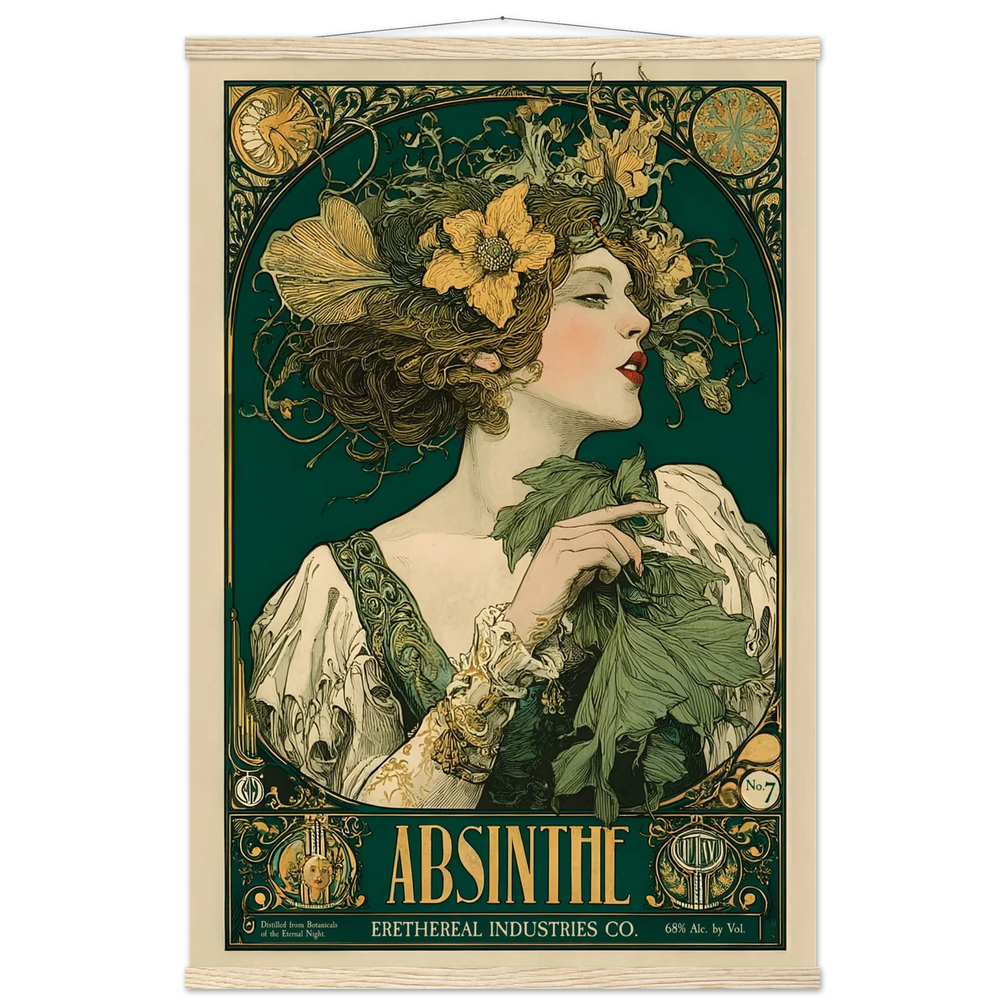 Vintage-style Absinthe advertisement poster with a woman and floral elements.