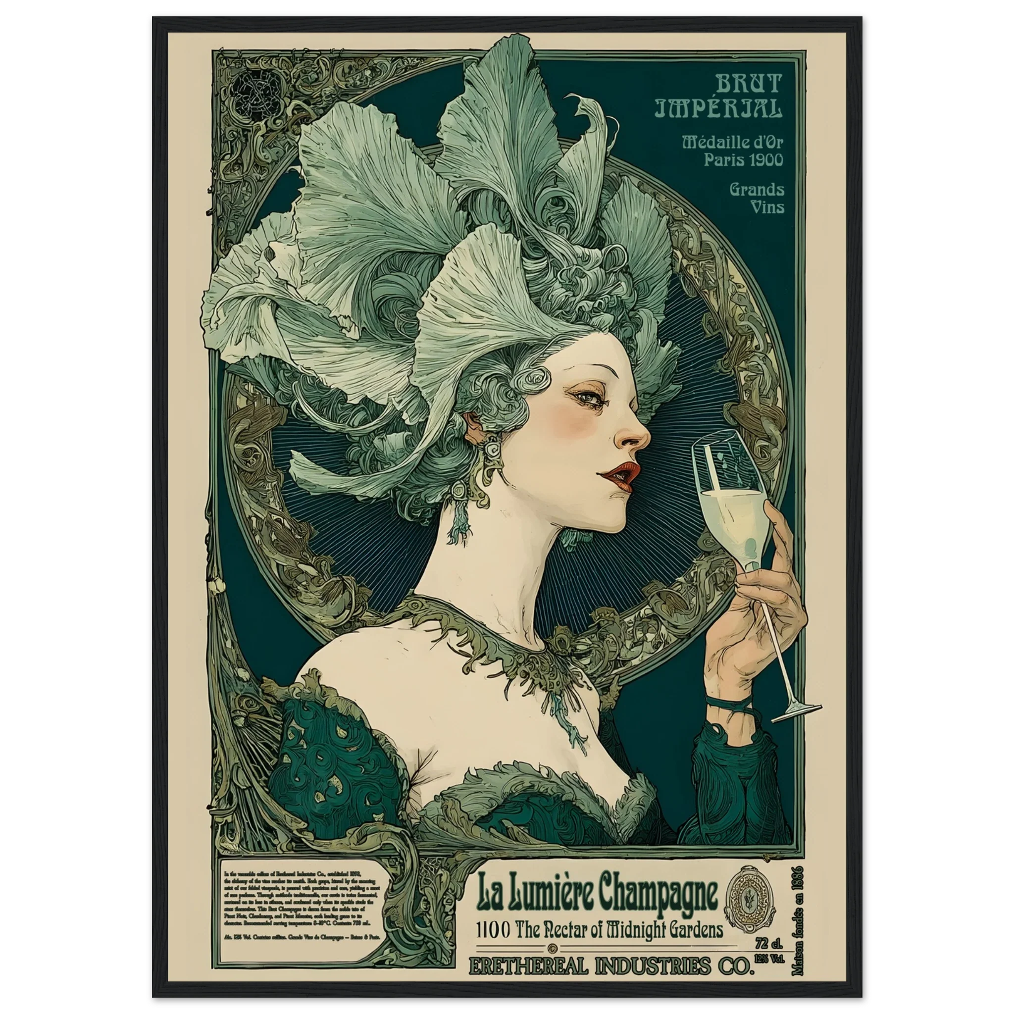 Vintage-style poster of a woman with an elaborate headdress holding a glass of champagne.