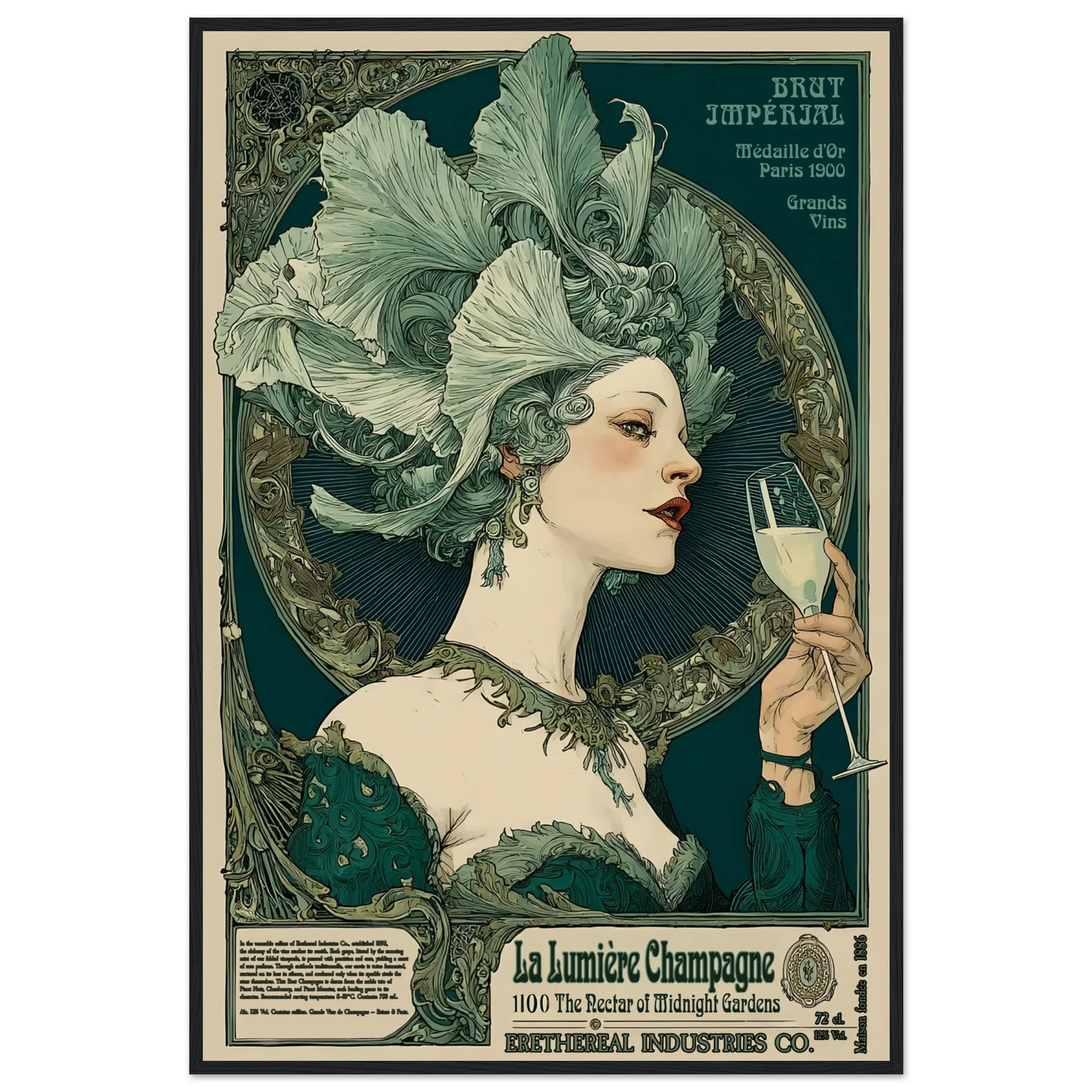 Vintage-style poster of a woman with an elaborate headpiece holding a champagne glass.