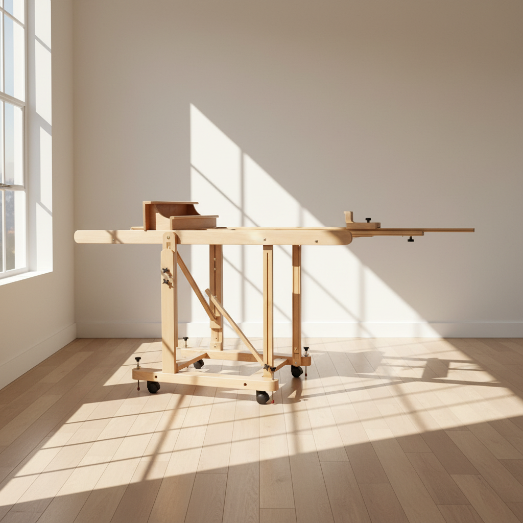 Wooden drafting table in a bright room with sunlight casting shadows on the floor