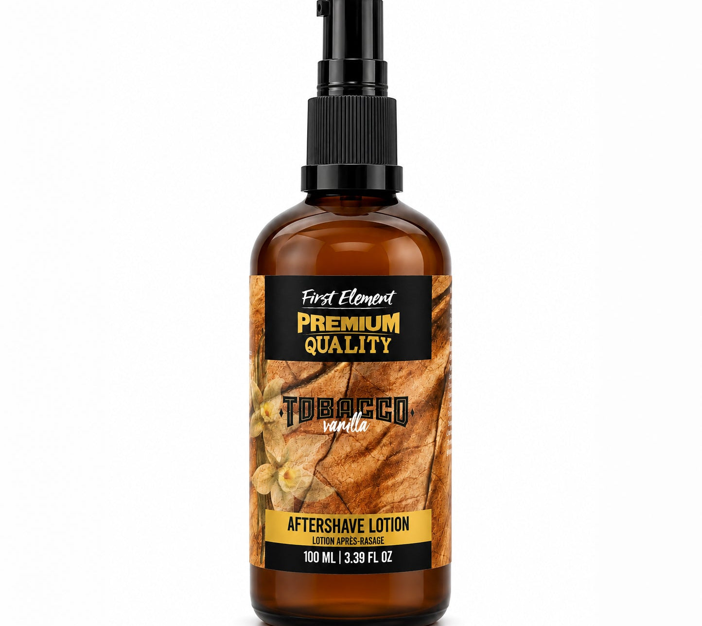 A 100 mL amber glass bottle of First Element Tobacco Aftershave Lotion with a black spray pump and a label featuring brown tobacco leaves and yellow accents, set against a plain white background.