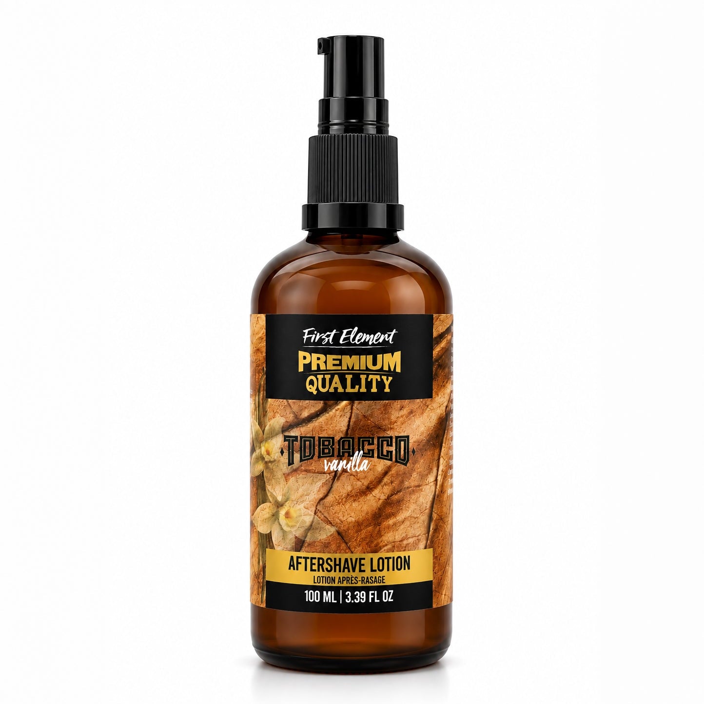 A 100 mL amber glass bottle of First Element Tobacco Aftershave Lotion with a black spray pump and a label featuring brown tobacco leaves and yellow accents, set against a plain white background.