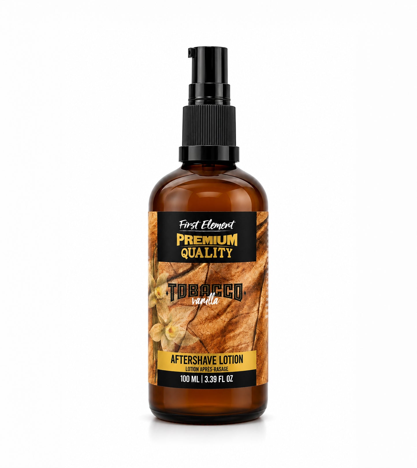 A 100 mL amber glass bottle of First Element Tobacco Aftershave Lotion with a black spray pump and a label featuring brown tobacco leaves and yellow accents, set against a plain white background.