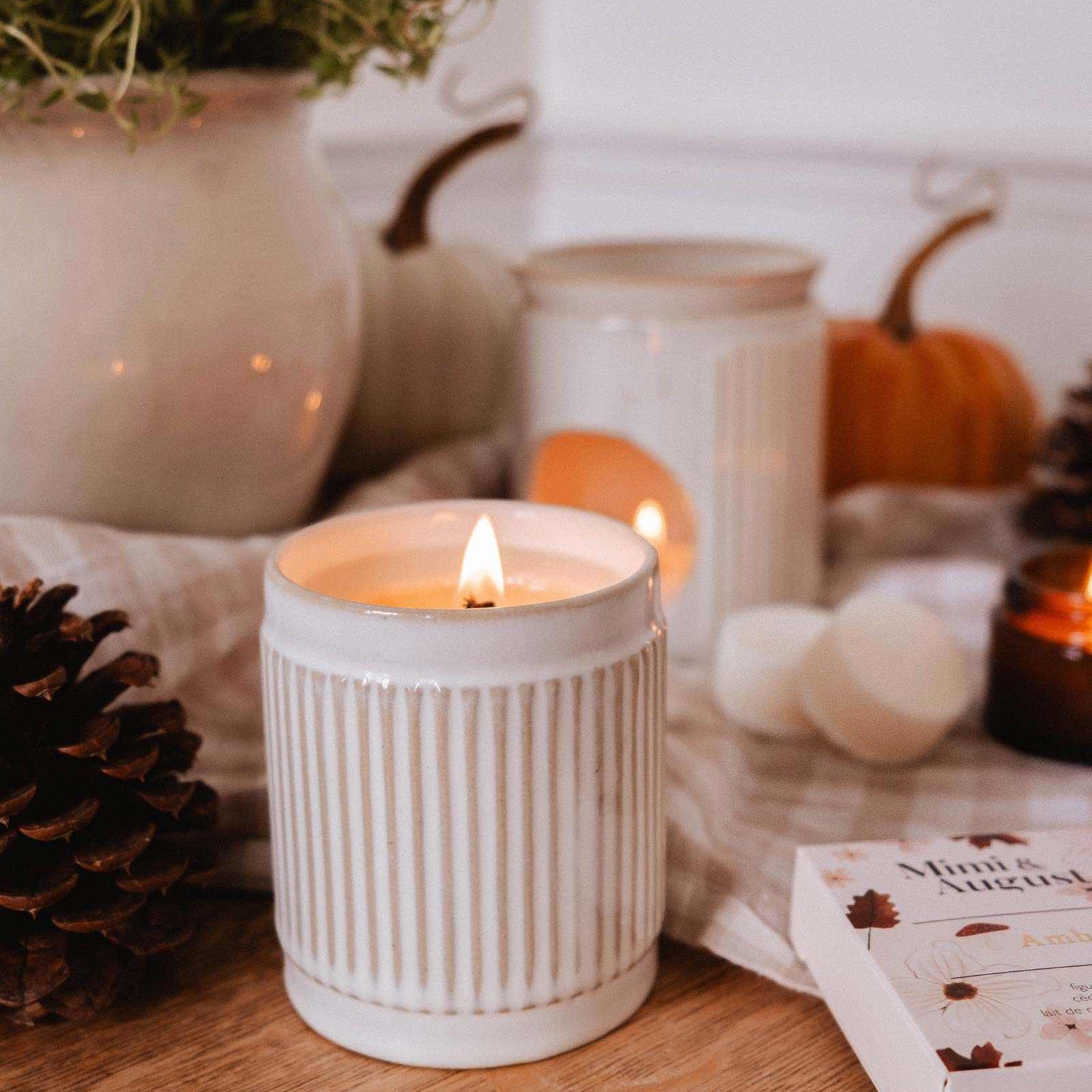 Mimi & August Ambre Reusable Soy Candle – 8 oz Ceramic Cup – Fig, Cedar & Musk Scent
