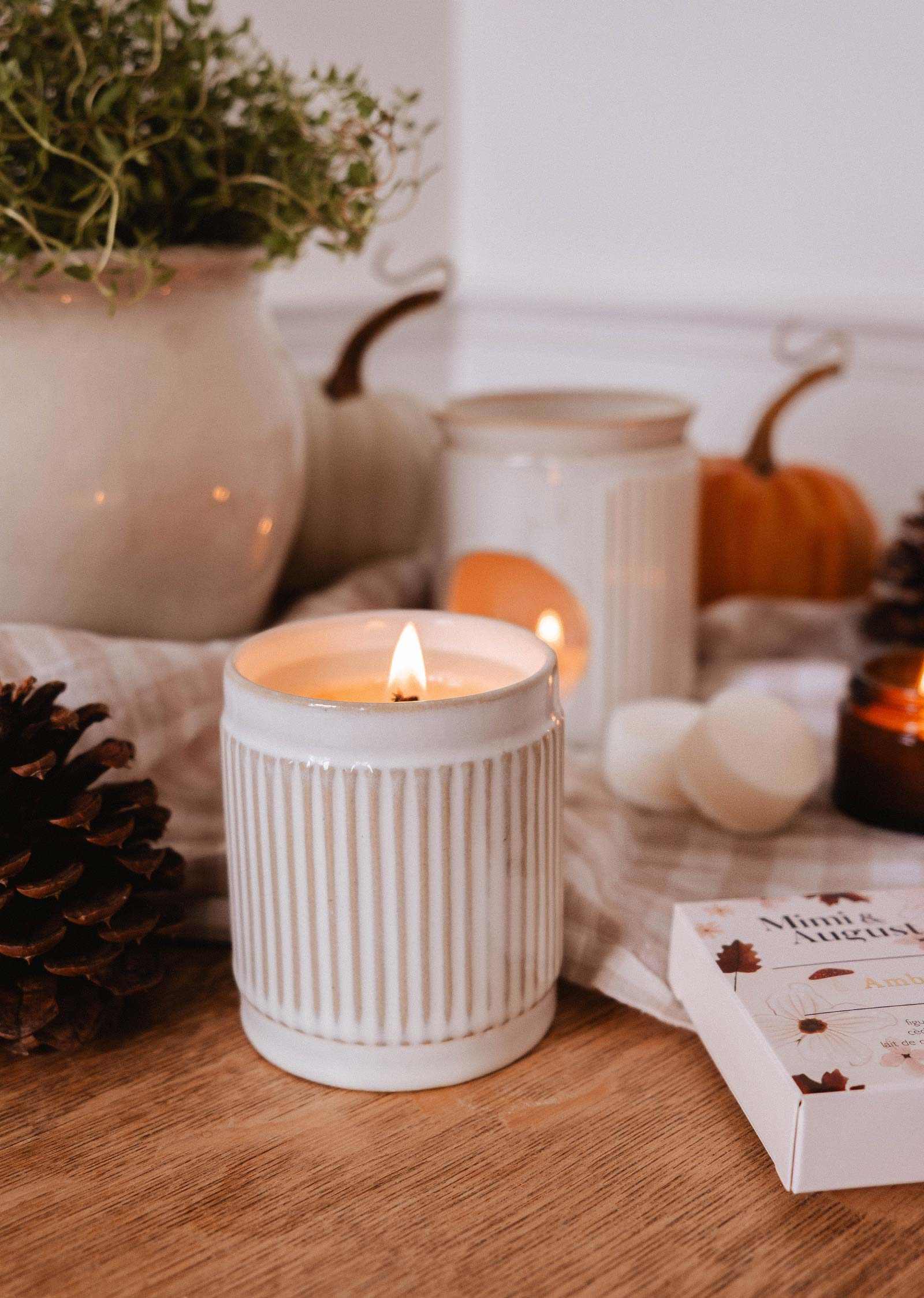 Mimi & August Ambre Reusable Soy Candle – 8 oz Ceramic Cup – Fig, Cedar & Musk Scent