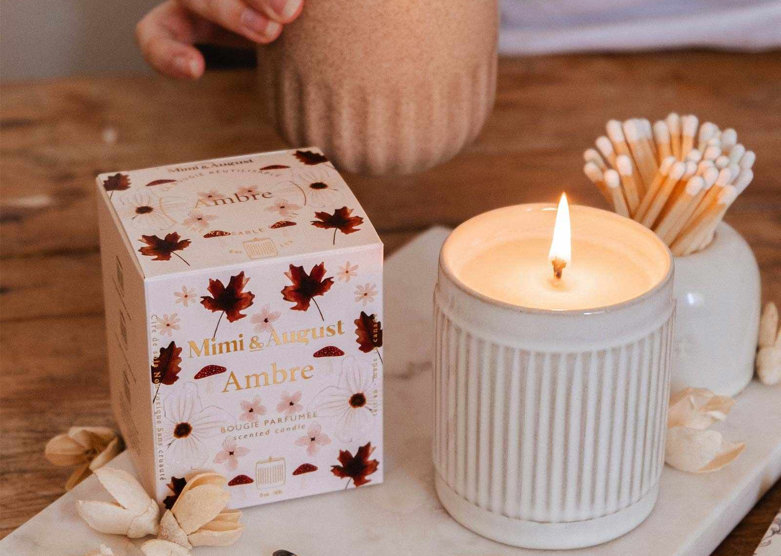 Mimi & August Ambre Reusable Soy Candle – 8 oz Ceramic Cup – Fig, Cedar & Musk Scent