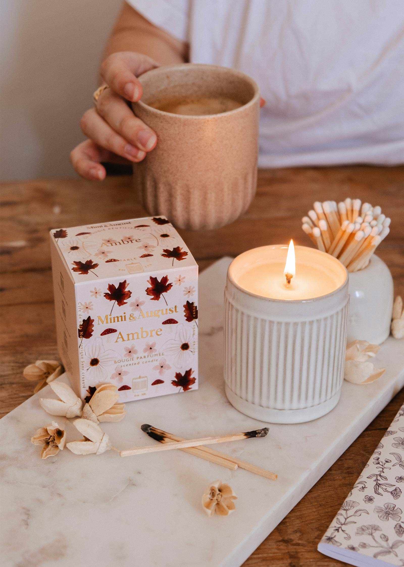 Mimi & August Ambre Reusable Soy Candle – 8 oz Ceramic Cup – Fig, Cedar & Musk Scent