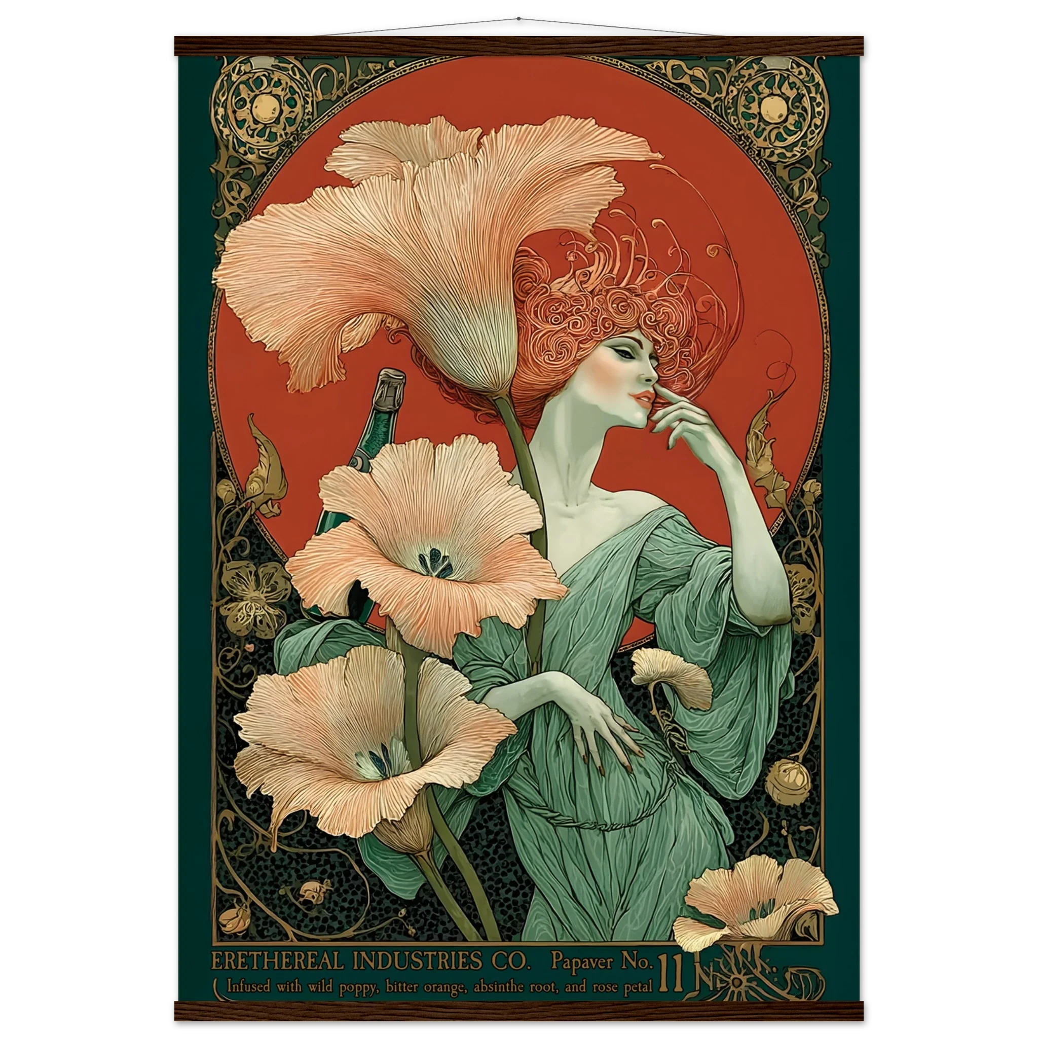 Art Nouveau-style poster with a woman and flowers, featuring intricate designs and a red background.