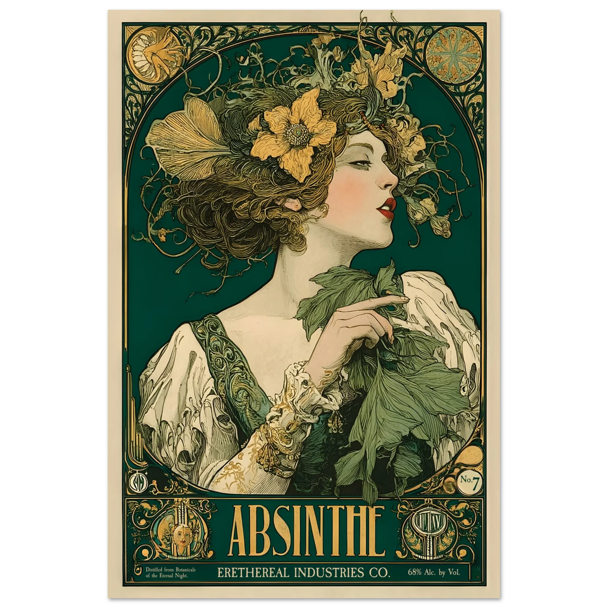 Vintage-style Absinthe advertisement poster with a woman holding absinthe leaves.