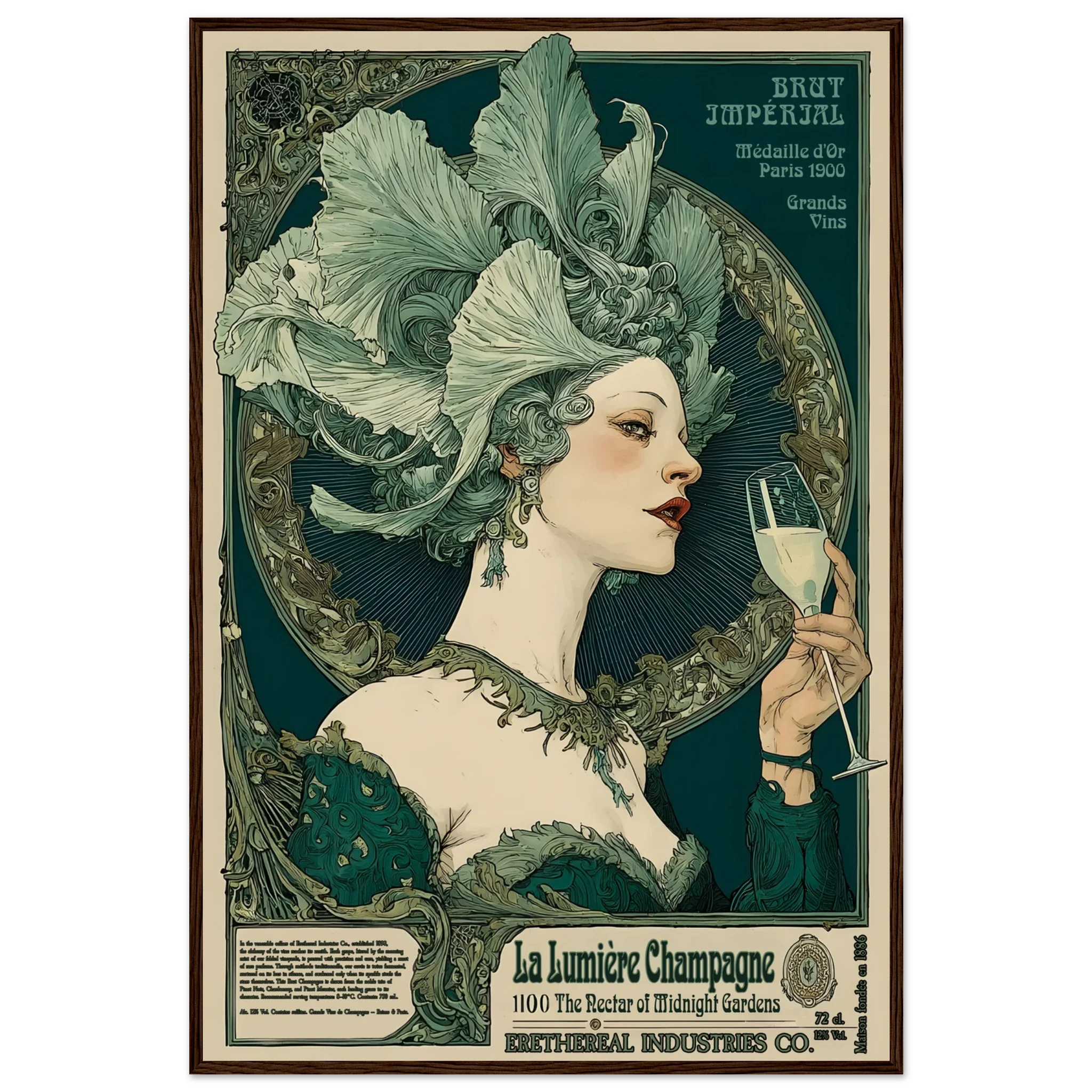 Vintage-style poster of a woman with an elaborate headpiece holding a champagne glass, framed by decorative elements.