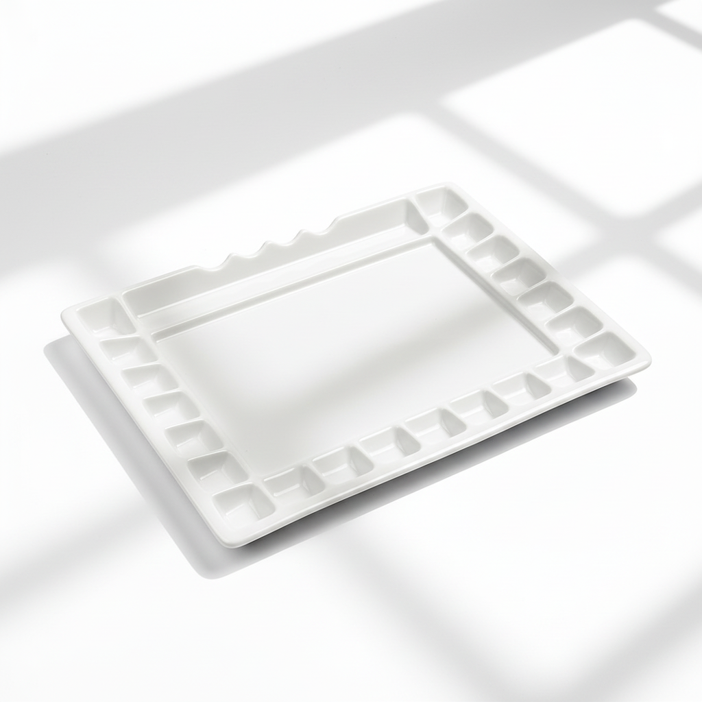 White rectangular ceramic tray on a light gray background