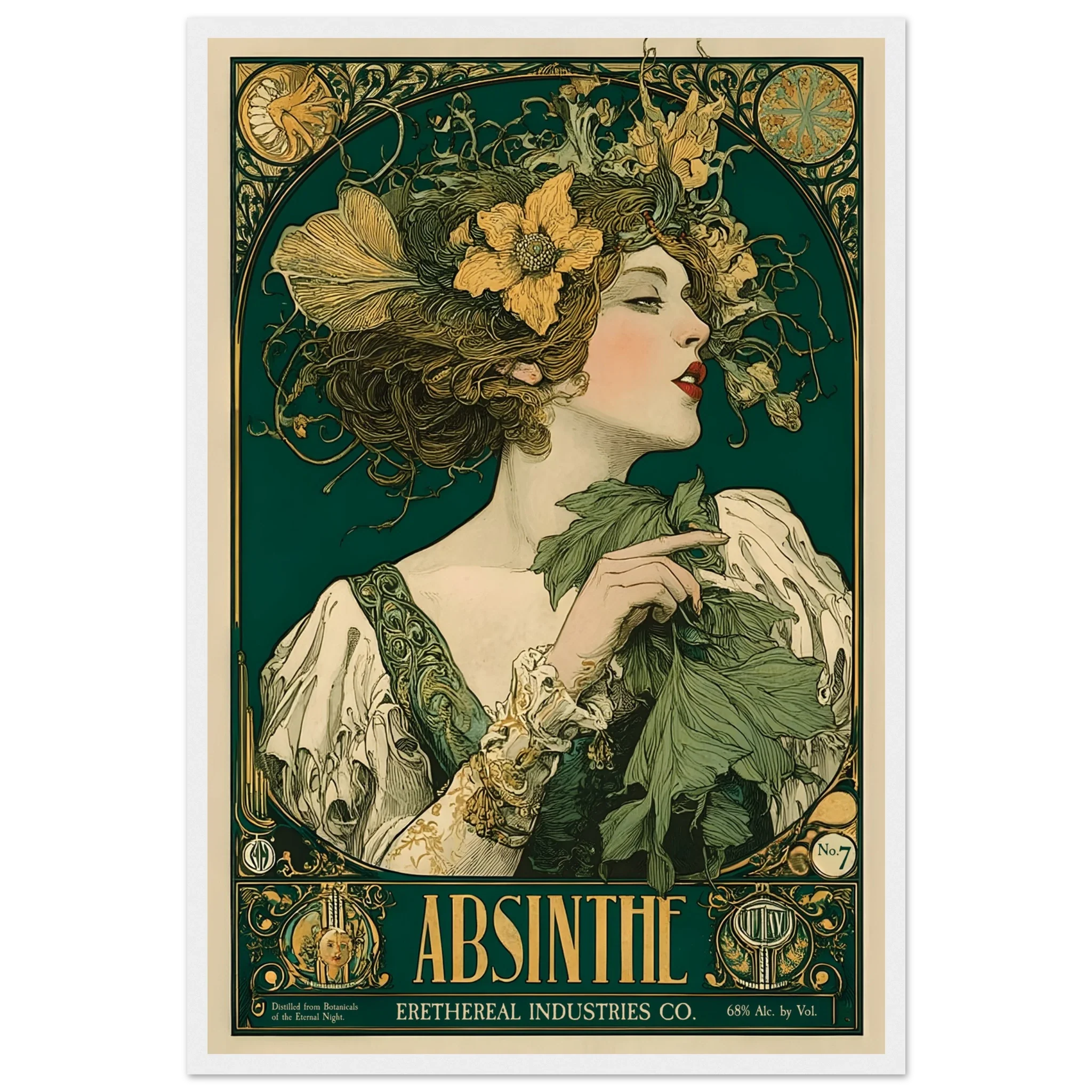 Vintage-style Absinthe advertisement poster with a woman holding absinthe leaves.