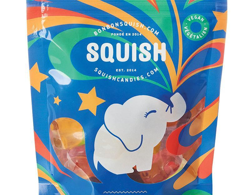 Colorful packaging of Squish candy with baby elephant design on a white background