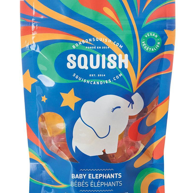 Colorful packaging of Squish candy with baby elephant design on a white background