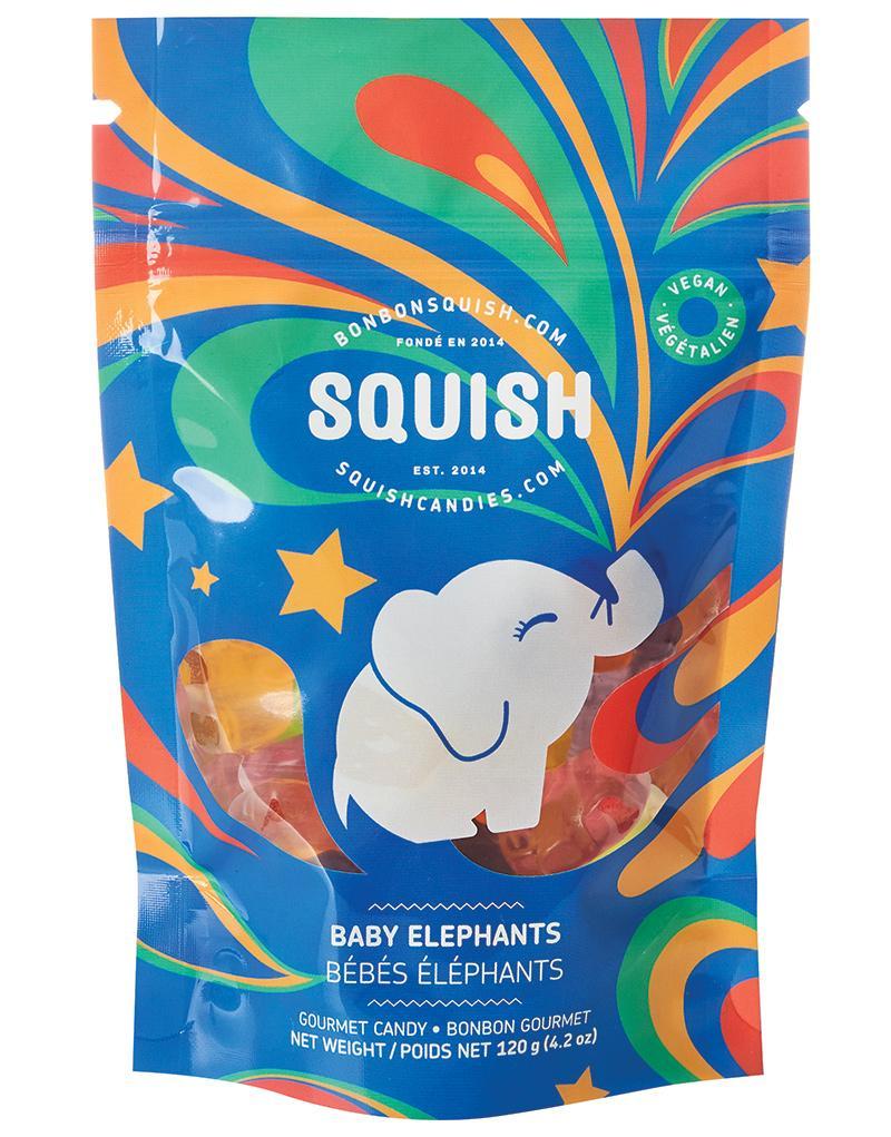 Colorful packaging of Squish candy with baby elephant design on a white background