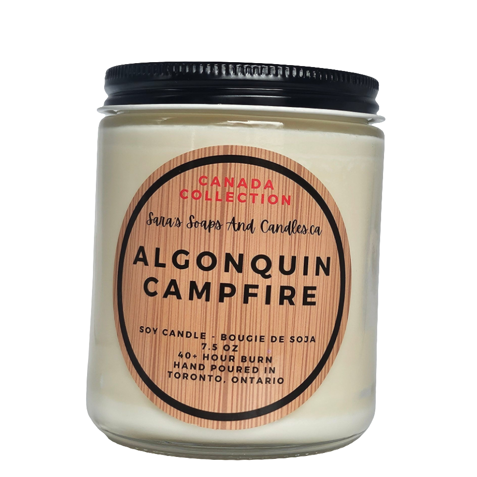 Candle jar labeled 'Algonquin Campfire' from Canada Collection on a white background