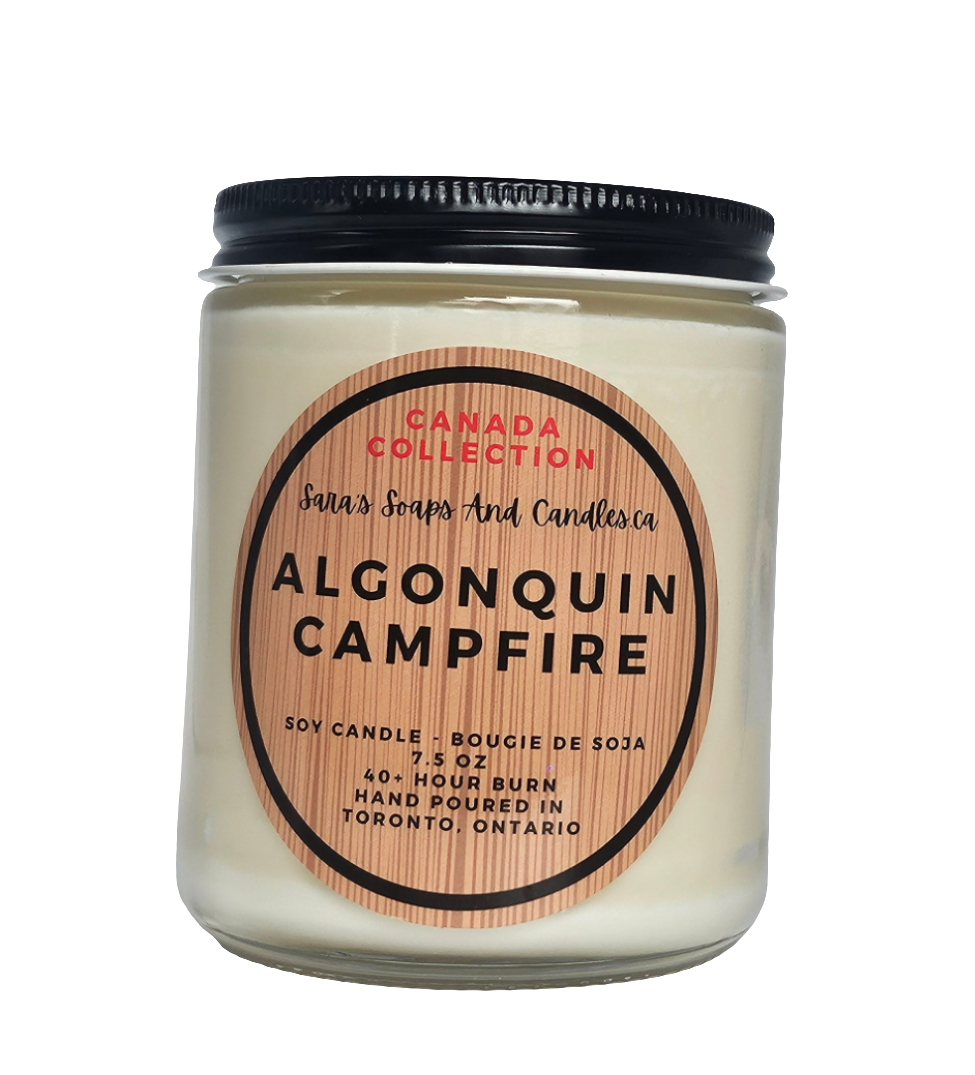 Candle jar labeled 'Algonquin Campfire' from Canada Collection on a white background