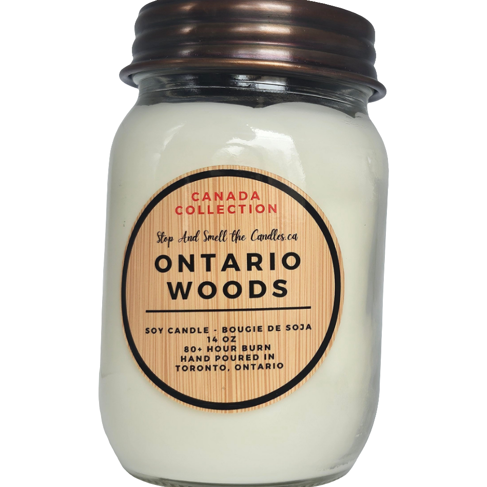 Candle jar labeled 'Ontario Woods' from the Canada Collection on a white background