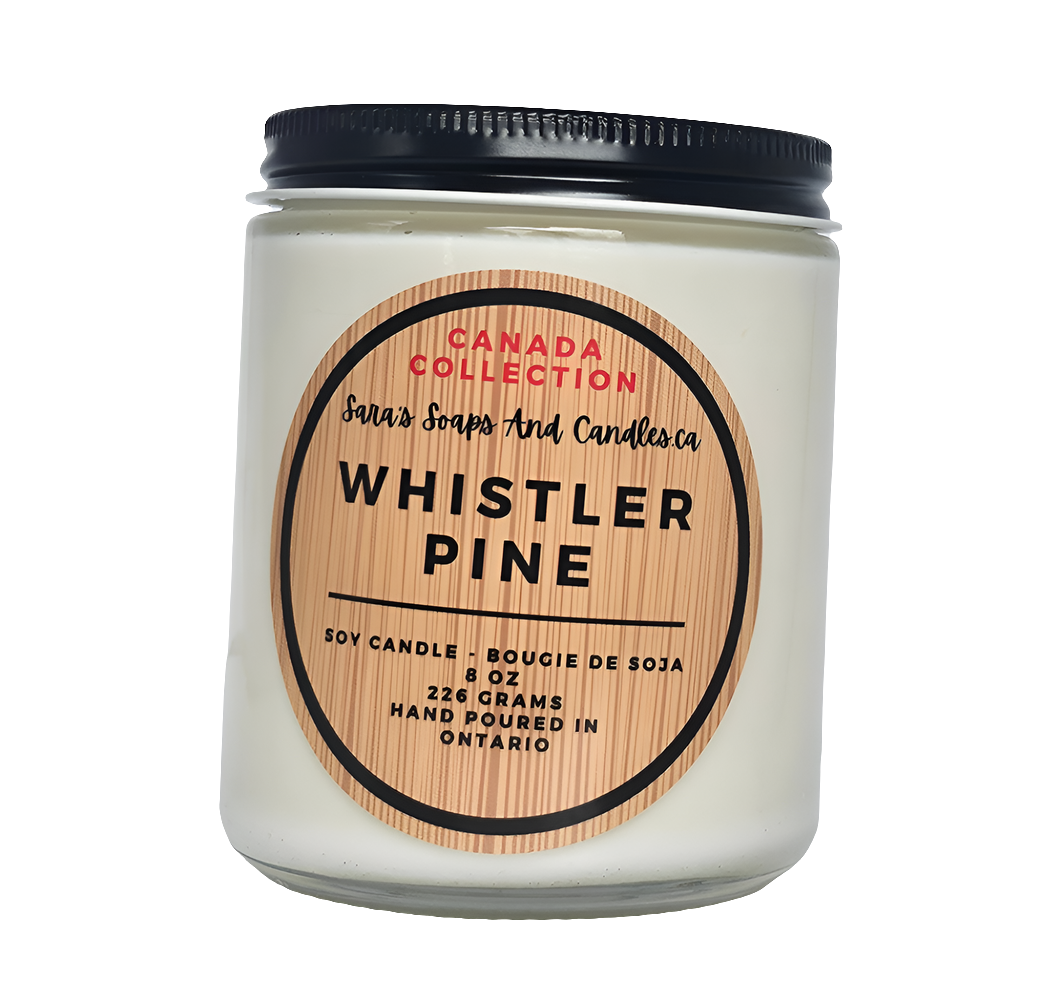 Candle jar labeled 'Whistler Pine' from Canada Collection on a white background