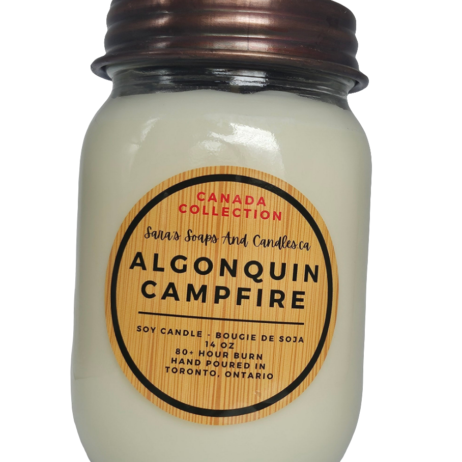 Candle jar labeled 'Algonquin Campfire' from Canada Collection on a white background from Stop and Smell the Candles