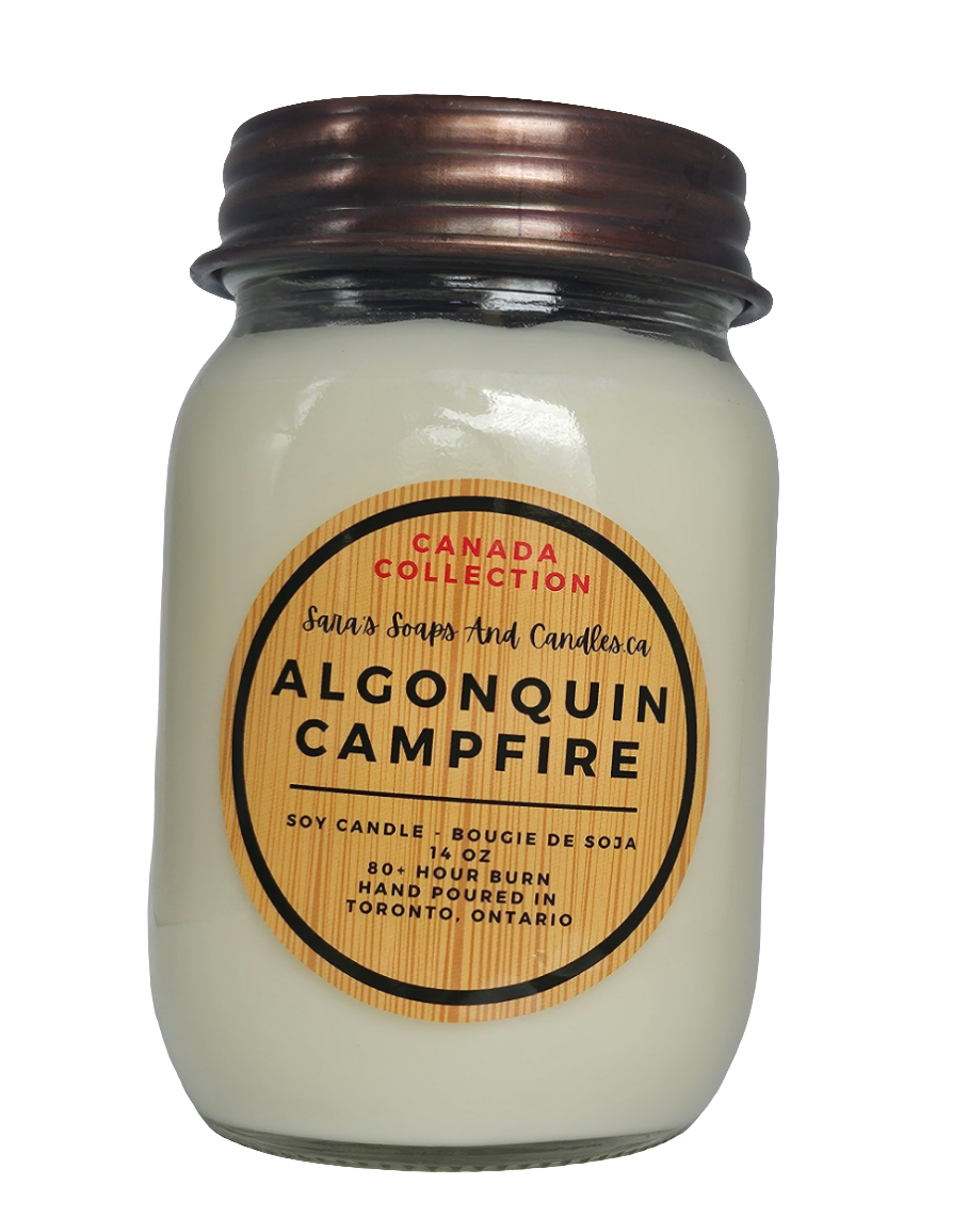 Candle jar labeled 'Algonquin Campfire' from Canada Collection on a white background from Stop and Smell the Candles