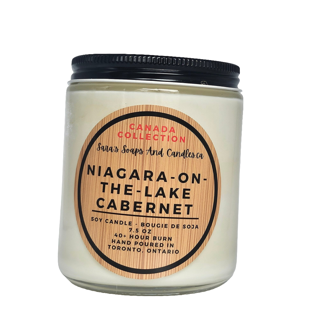 Candle jar with 'Niagara-on-the-Lake Cabernet' label on a white background