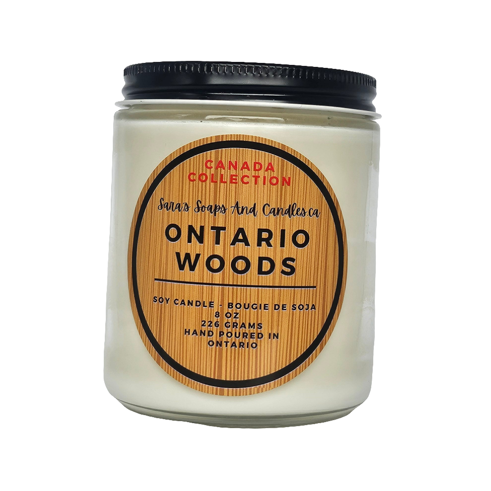 Candle jar with 'Ontario Woods' label on a white background
