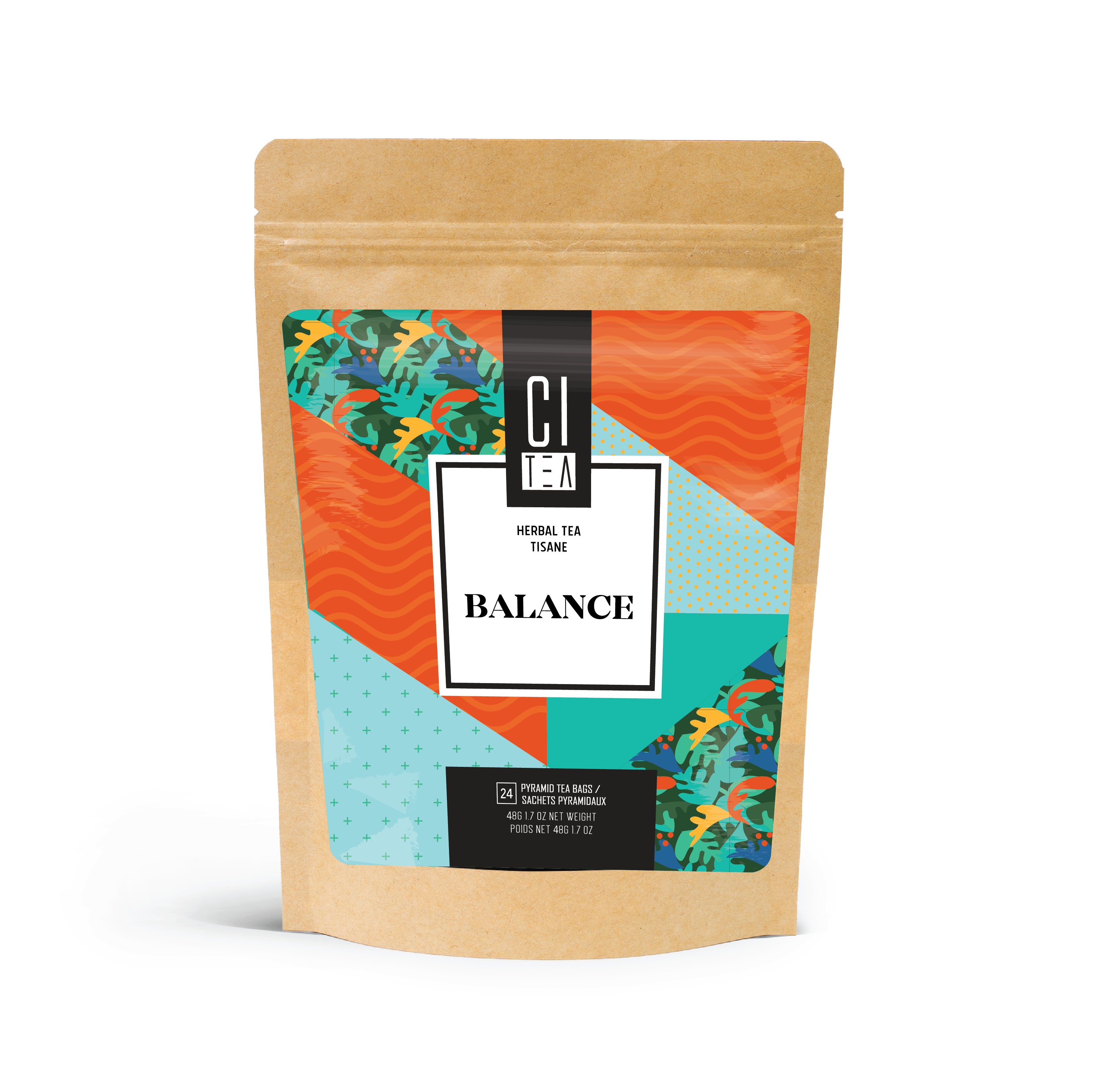 Tea package with colorful label on a white background