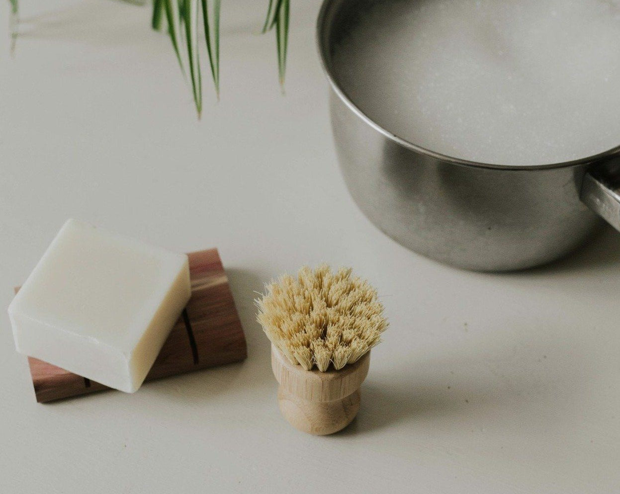 Metal pot with soapy water, bar of soap, and natural brush on a light surface with plants in the background.
