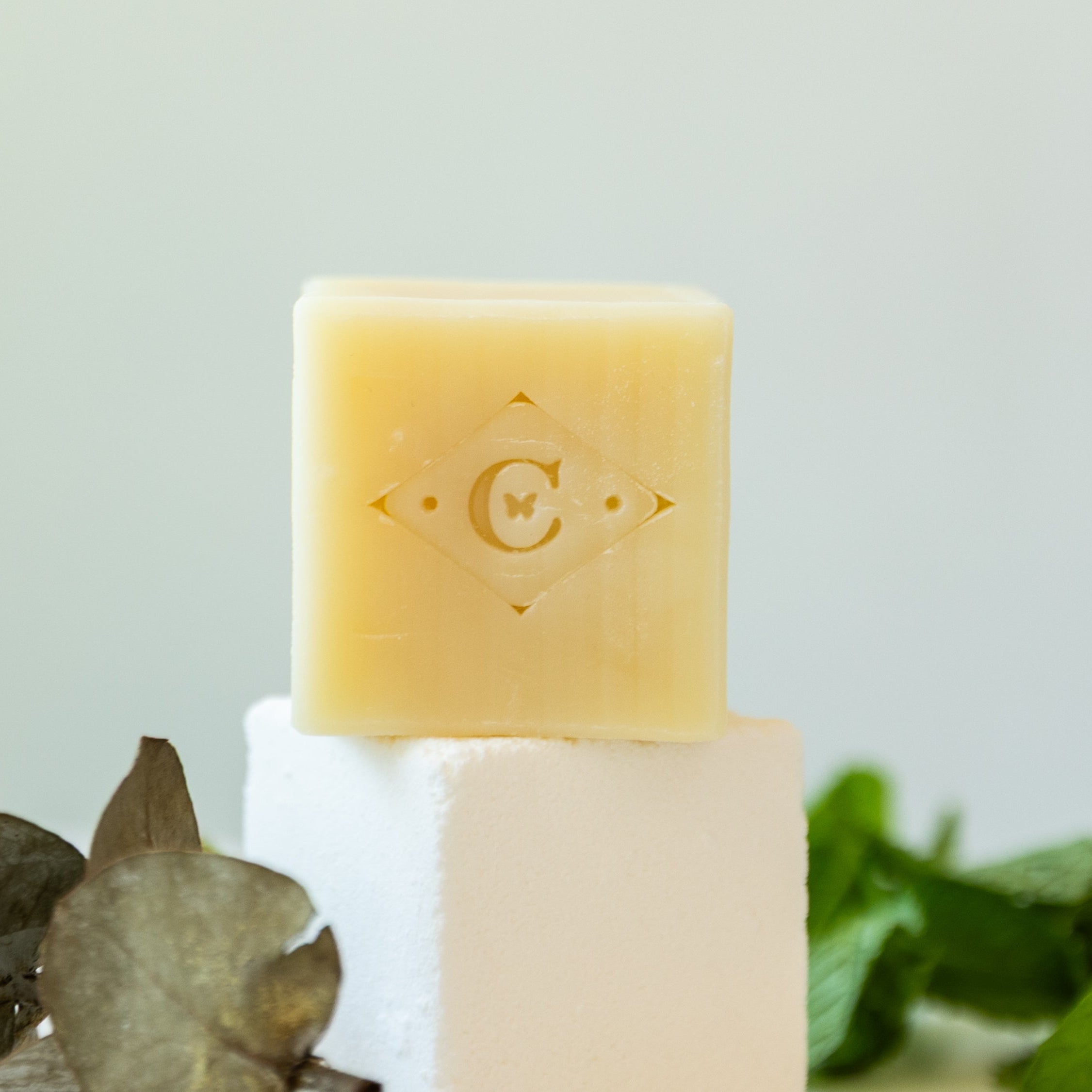 Two bars of soap with a brand logo on a light background
