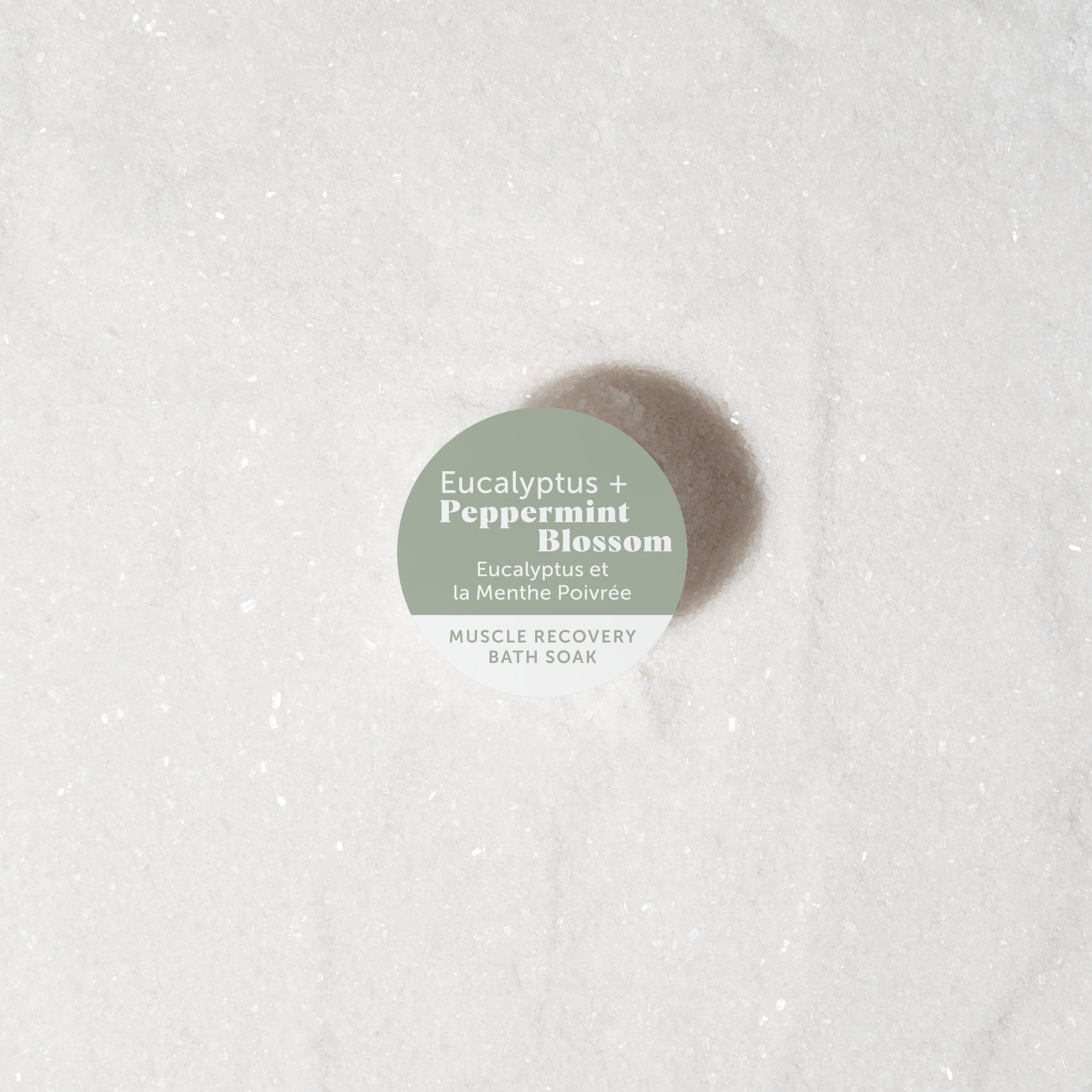 Bath Soak labeled 'Eucalyptus + Peppermint + Blossom' on a textured white background