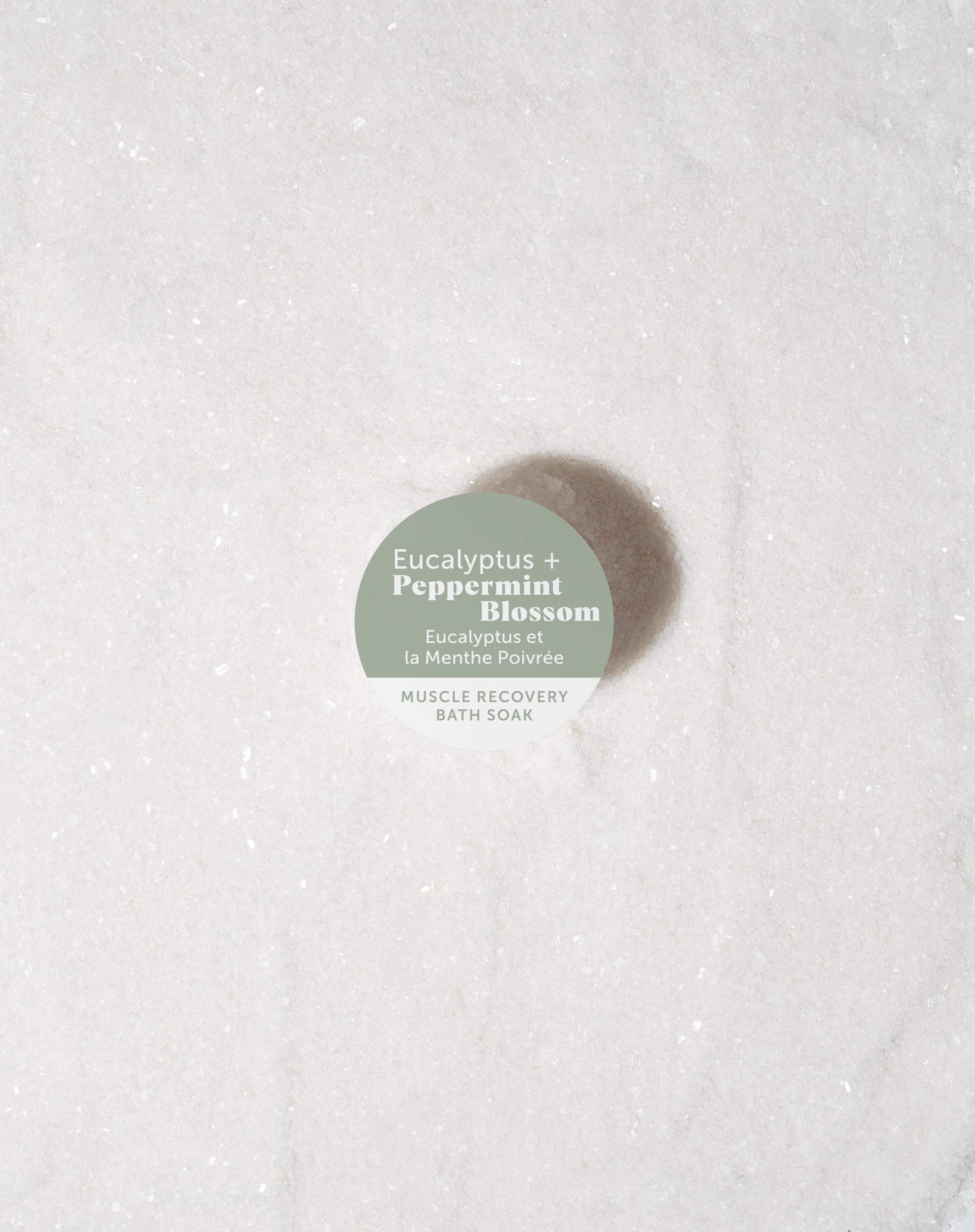 Bath Soak labeled 'Eucalyptus + Peppermint + Blossom' on a textured white background