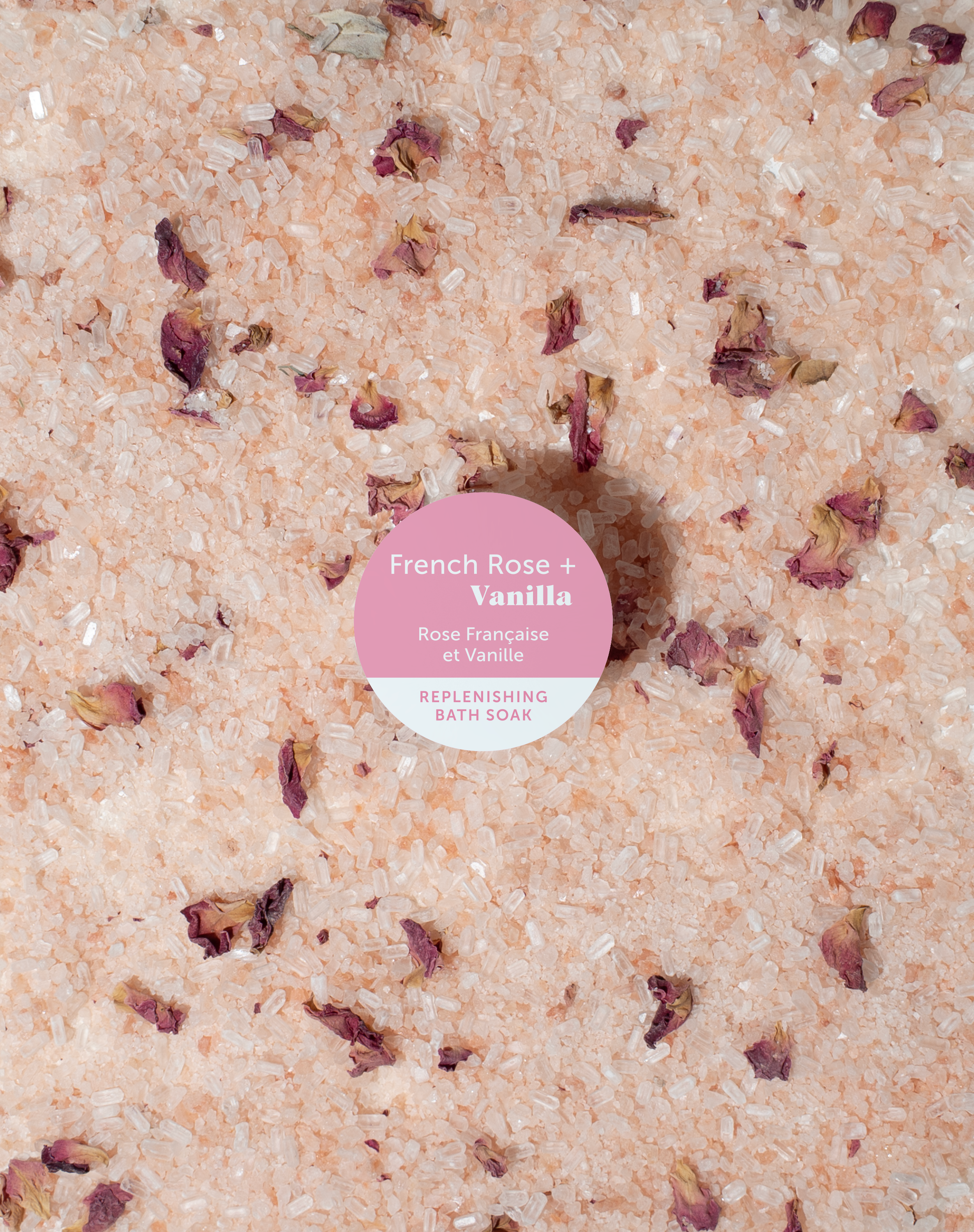 Bath salt with rose petals and a pink label on top