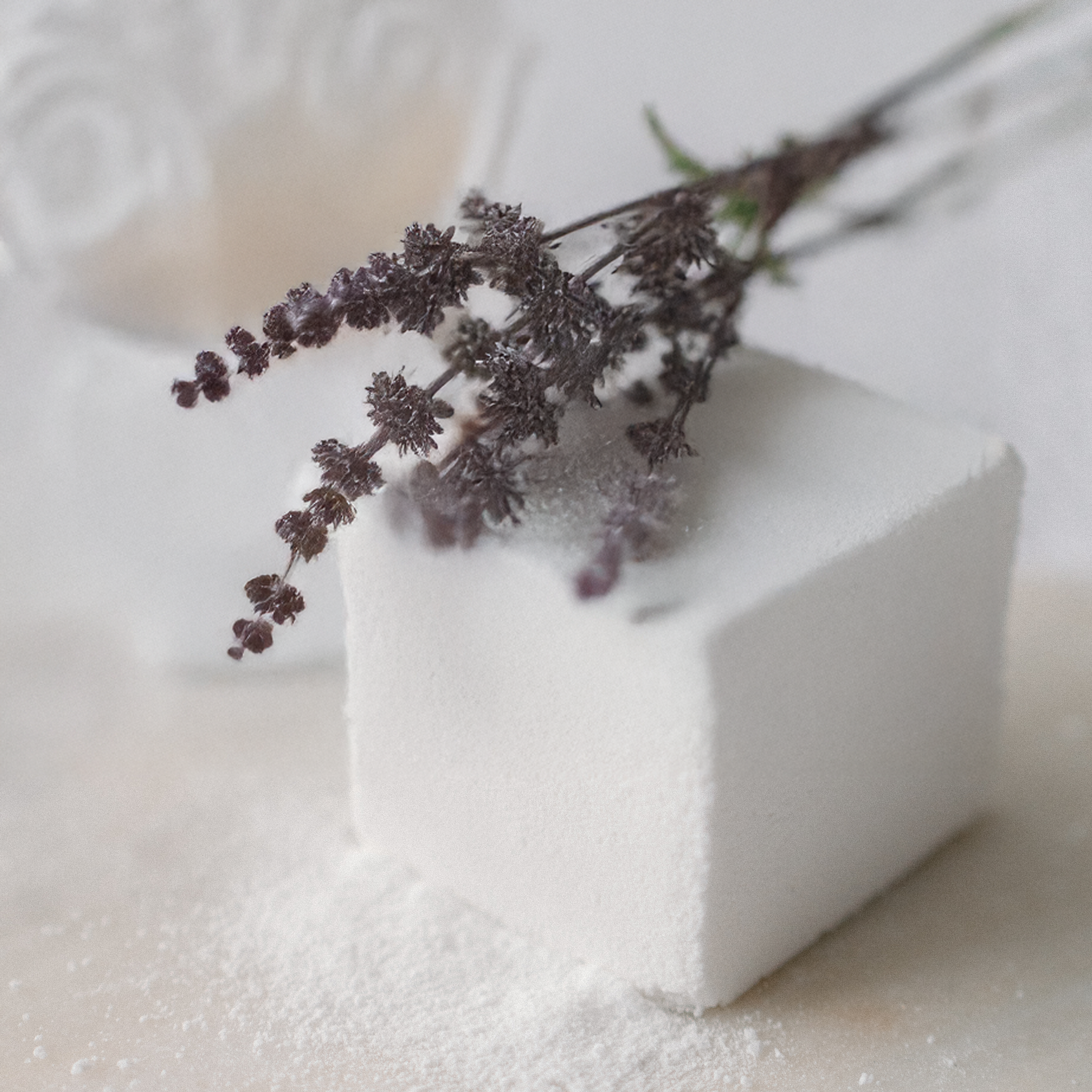 White bar of soap with a branch of dried lavender on a white background