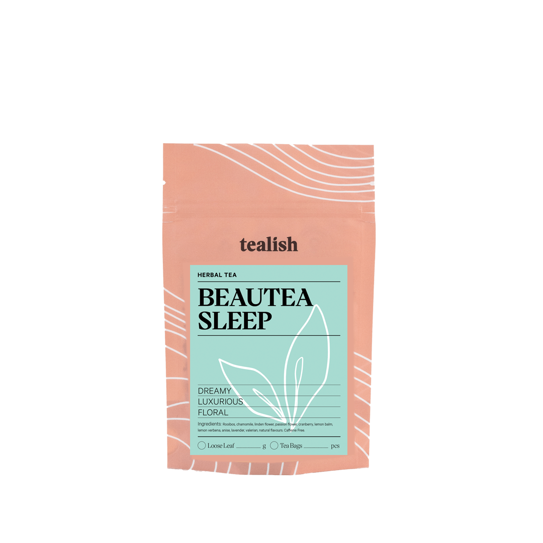 Tea package labeled 'Beautea Sleep' by tealish on a white background