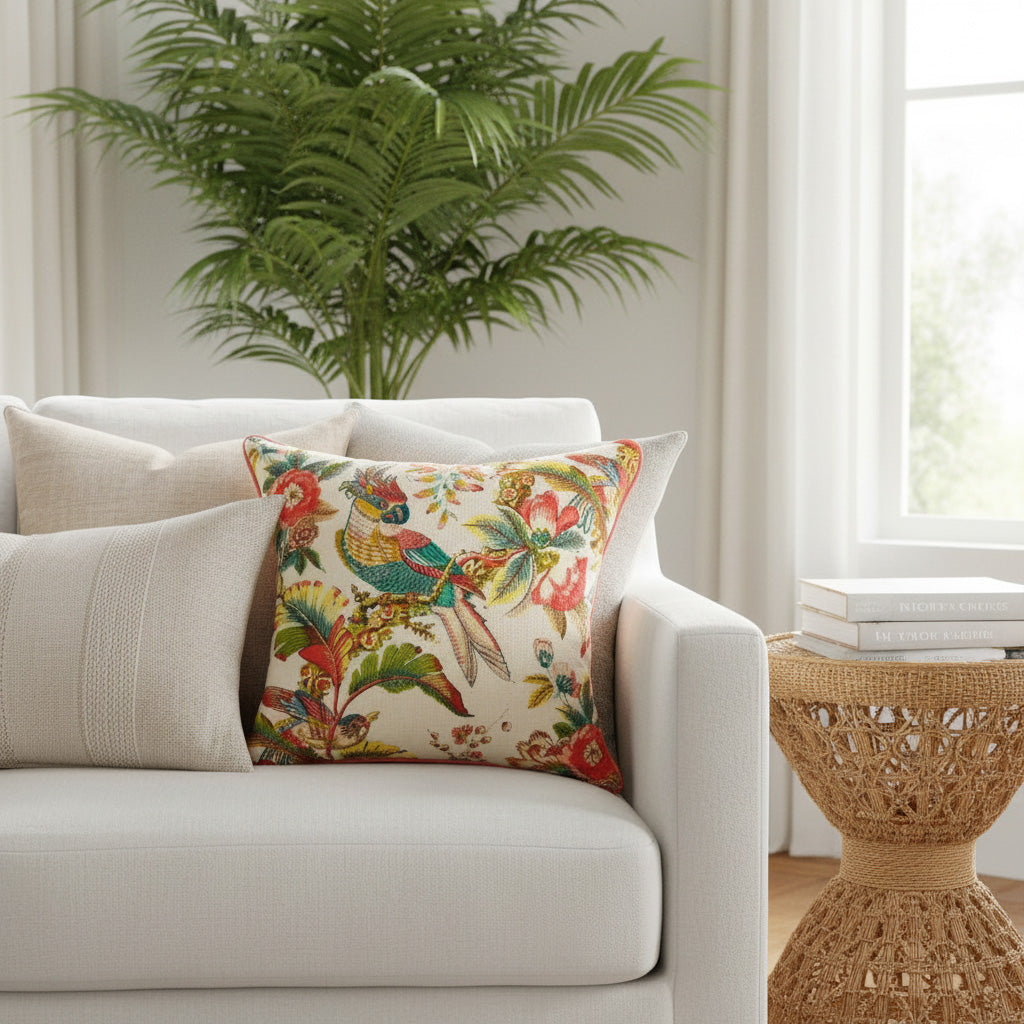 Decorative pillow with bird pattern on a beige sofa in a living room setting.