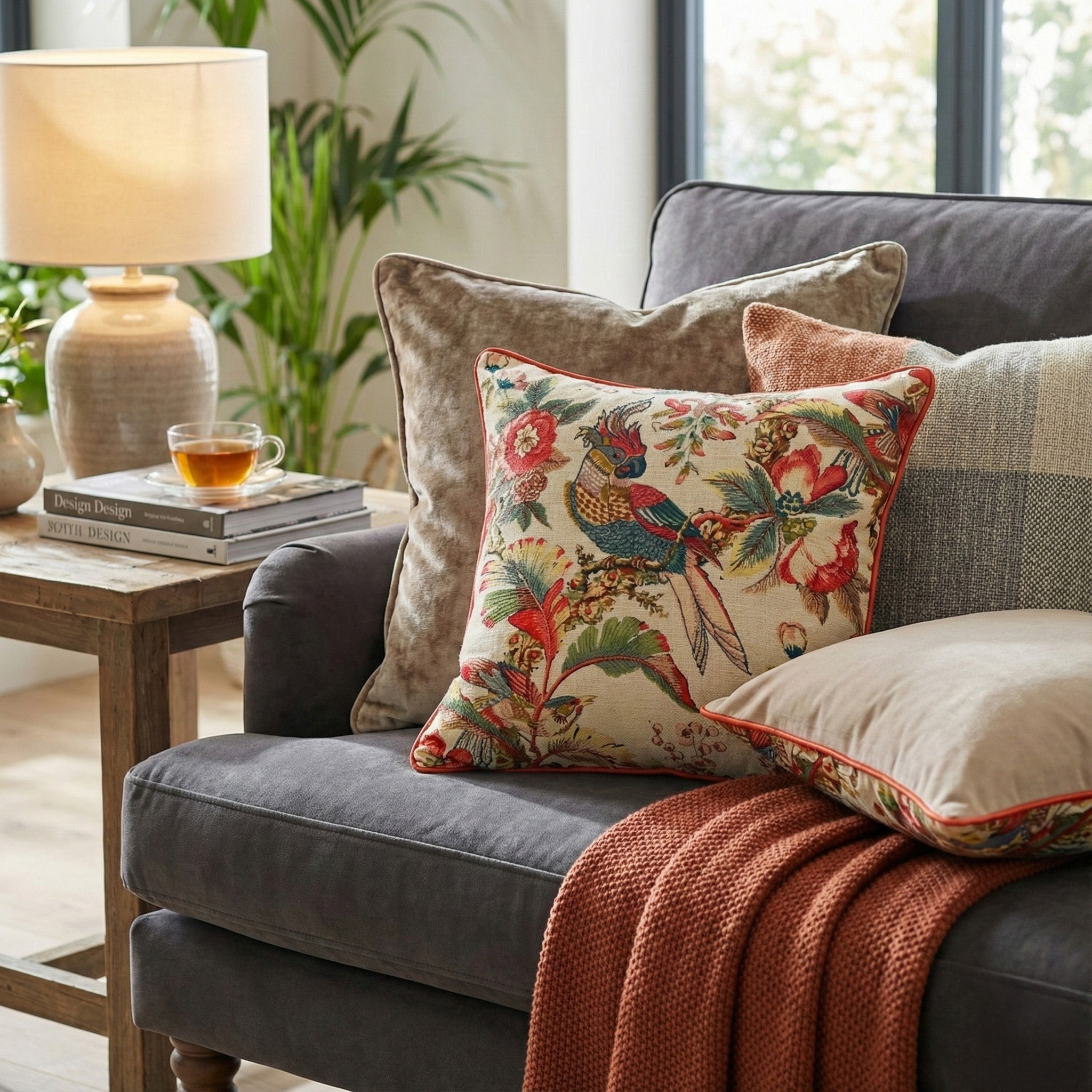 Gray sofa with decorative pillows and a blanket in a cozy living room setting.