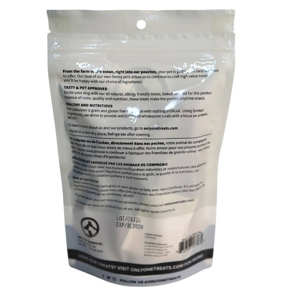 Back view of a pet treat packaging with text and branding on a white background
