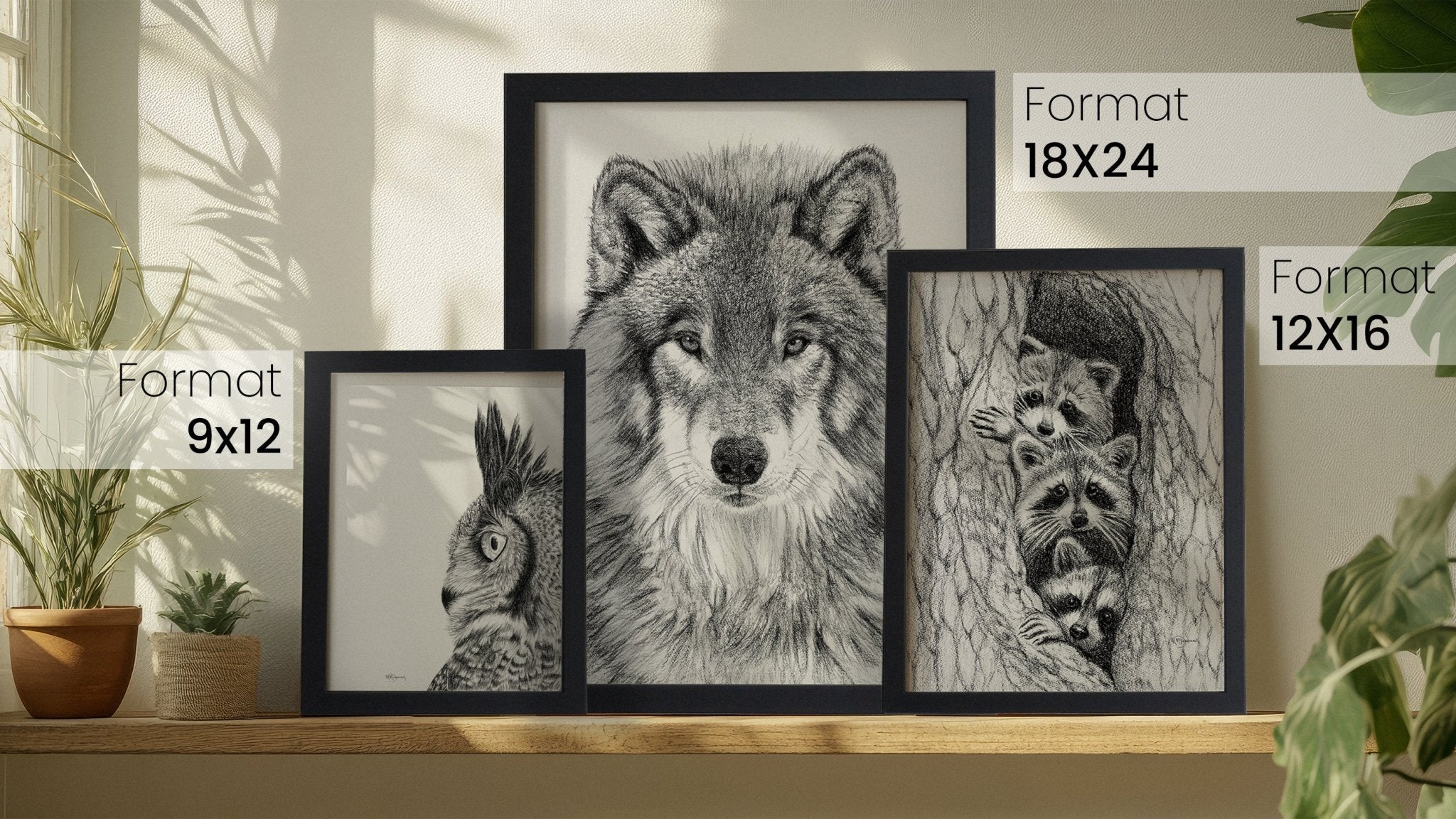 Framed artworks of a wolf, owl, and raccoons on a wooden surface with plants in the background.