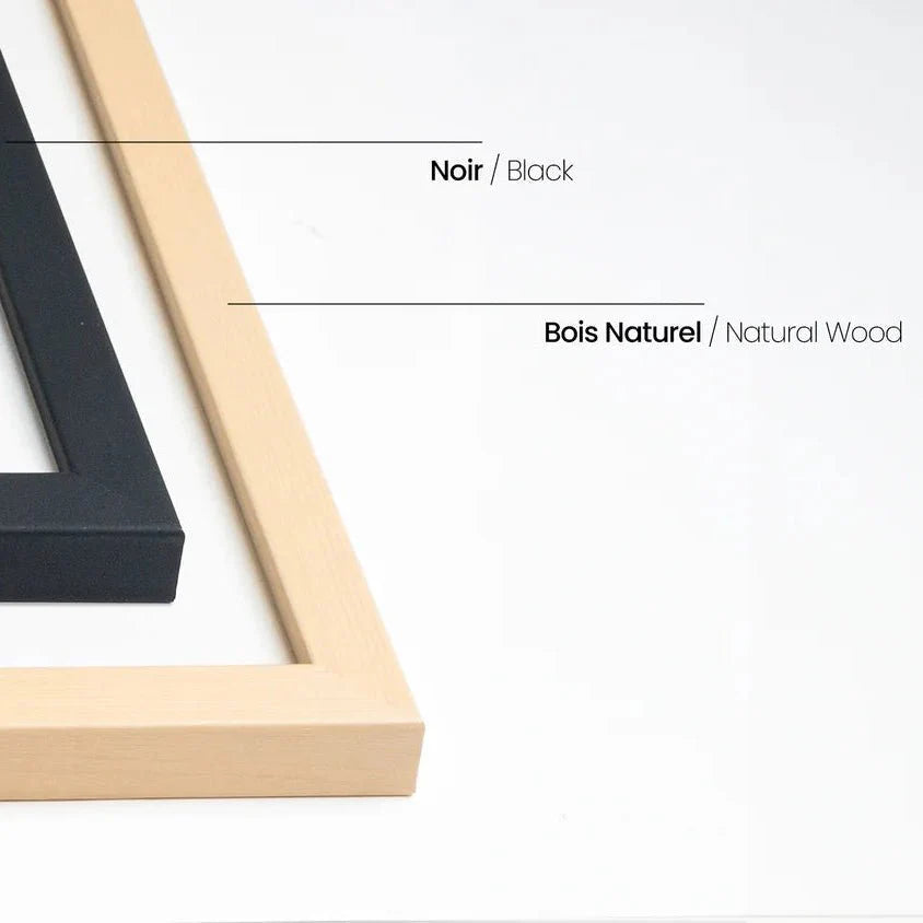 Two picture frames, one black and one natural wood, on a white background.