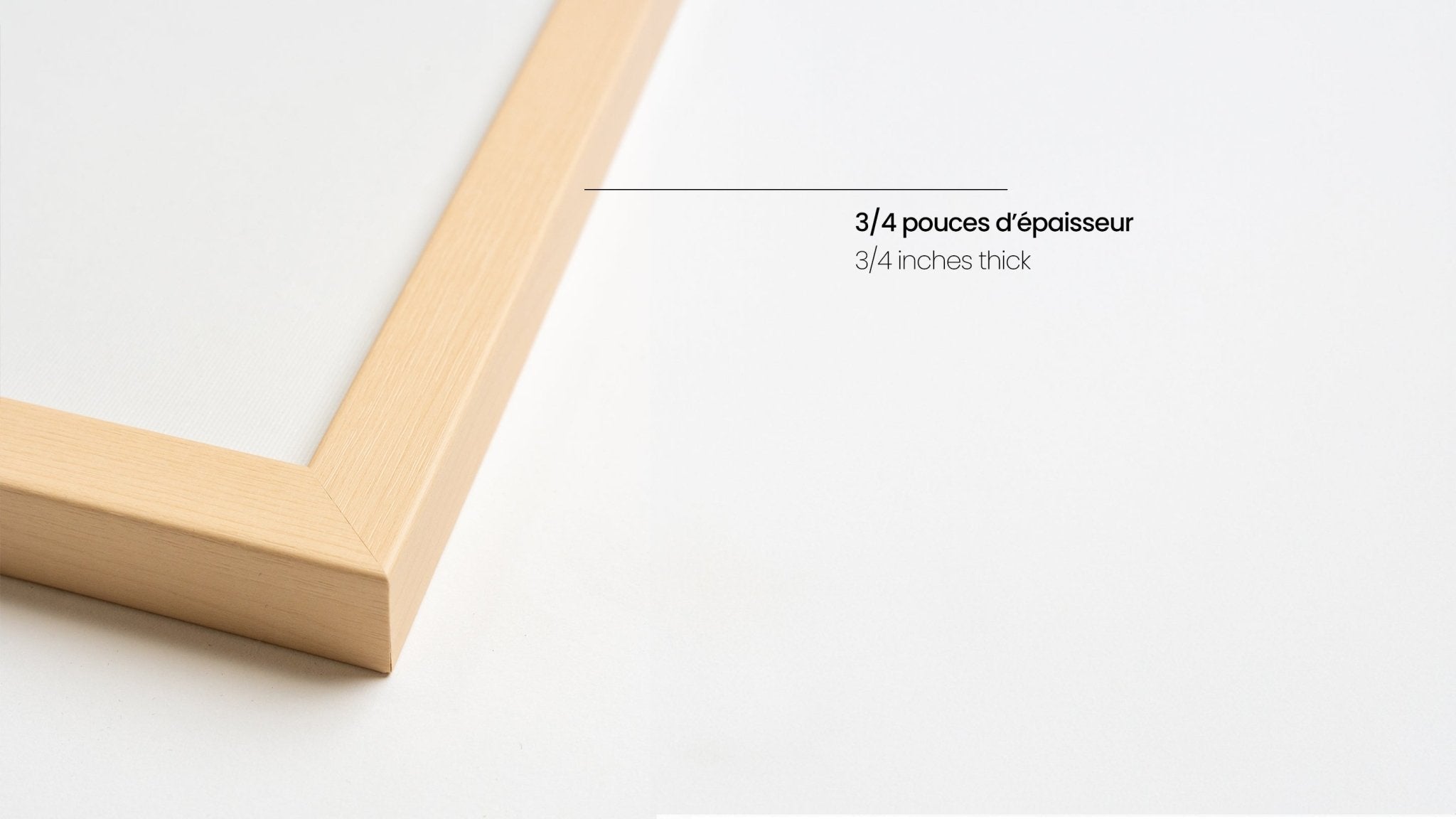 Wooden frame corner with text indicating thickness on a white background