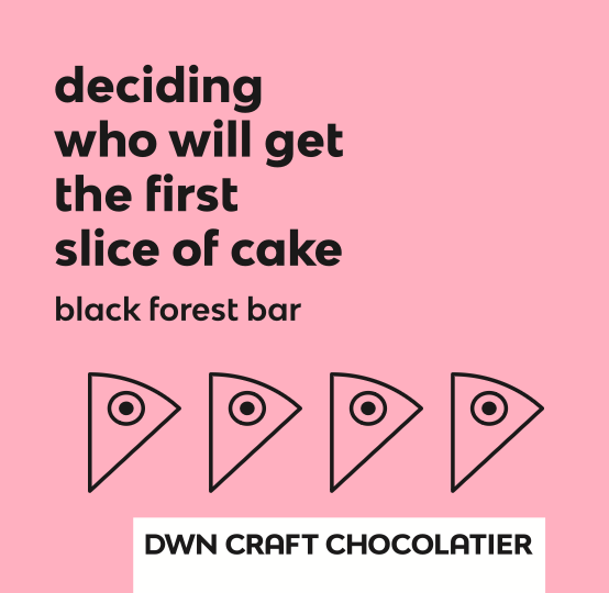 Pink background with text and black triangle icons, featuring DWN Craft Chocolatier branding.