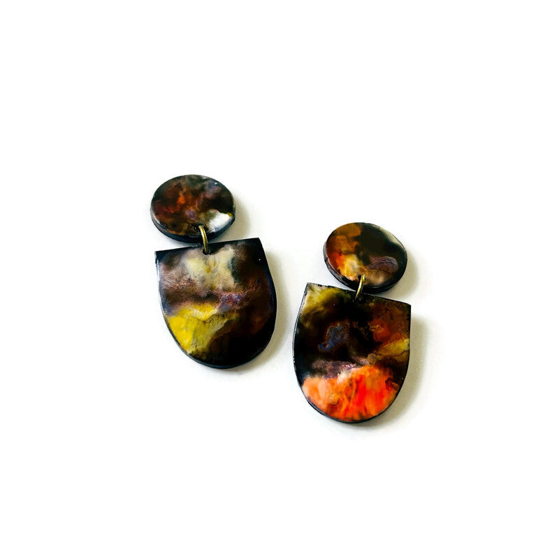 Abstract Alcohol Ink Jewelry Set in Black, White Yellow Orange, Fluid Art Jewelry Sassy Sacha designs earring set