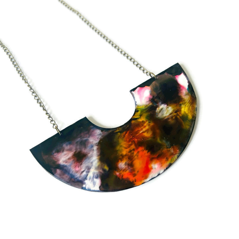 Abstract Alcohol Ink Jewelry Set in Black, White Yellow Orange, Fluid Art Jewelry Sassy Sacha designs necklace pendant