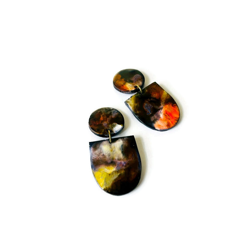 Abstract Alcohol Ink Jewelry Set in Black, White Yellow Orange, Fluid Art Jewelry Sassy Sacha designs 2