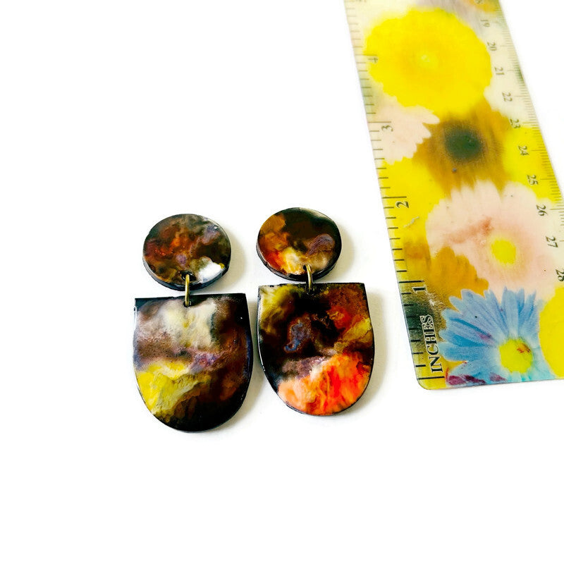 Abstract Alcohol Ink Jewelry Set in Black, White Yellow Orange, Fluid Art Jewelry Sassy Sacha designs earring set 2