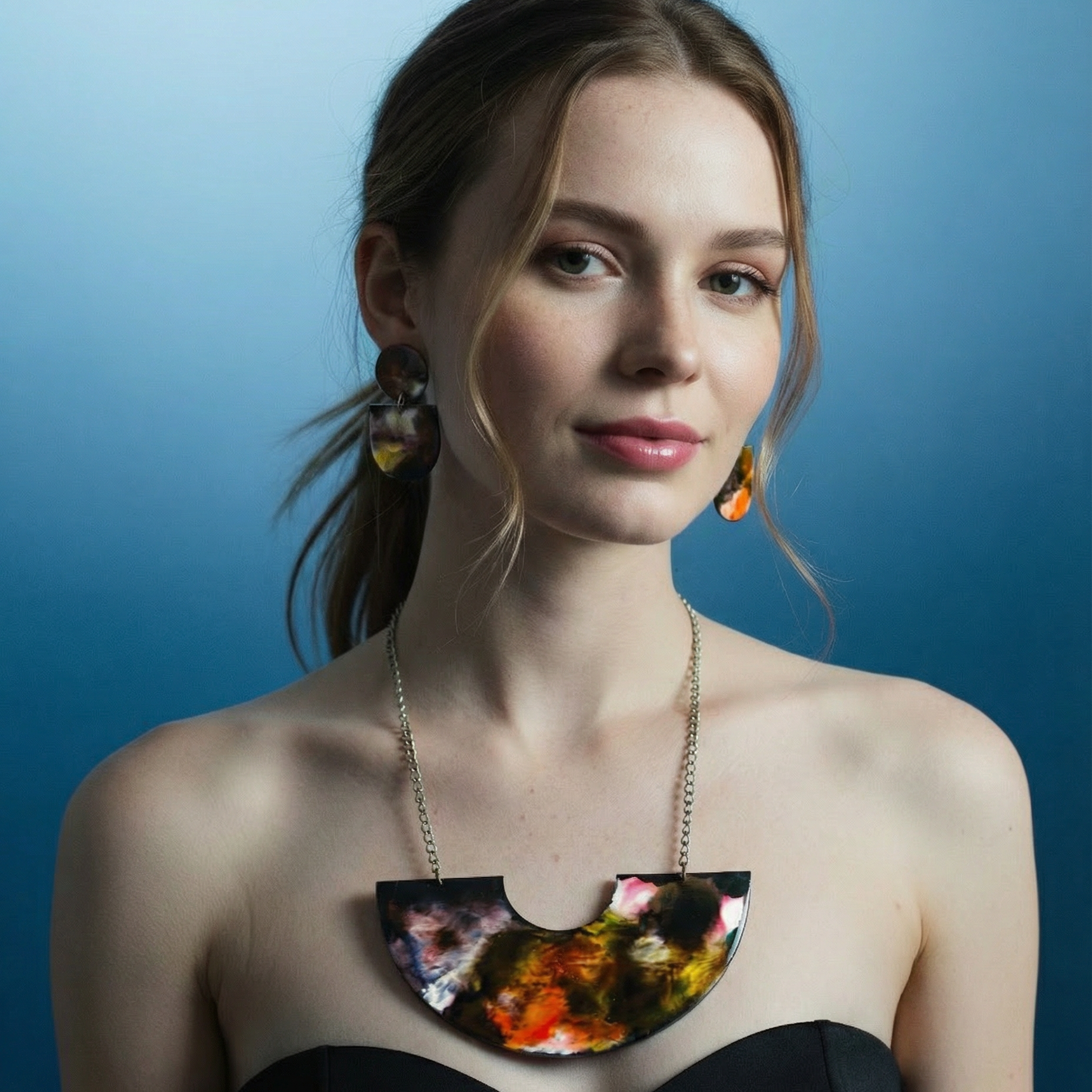 Abstract Alcohol Ink Jewelry Set in Black, White Yellow Orange, Fluid Art Jewelry Sayy Sacha designs
