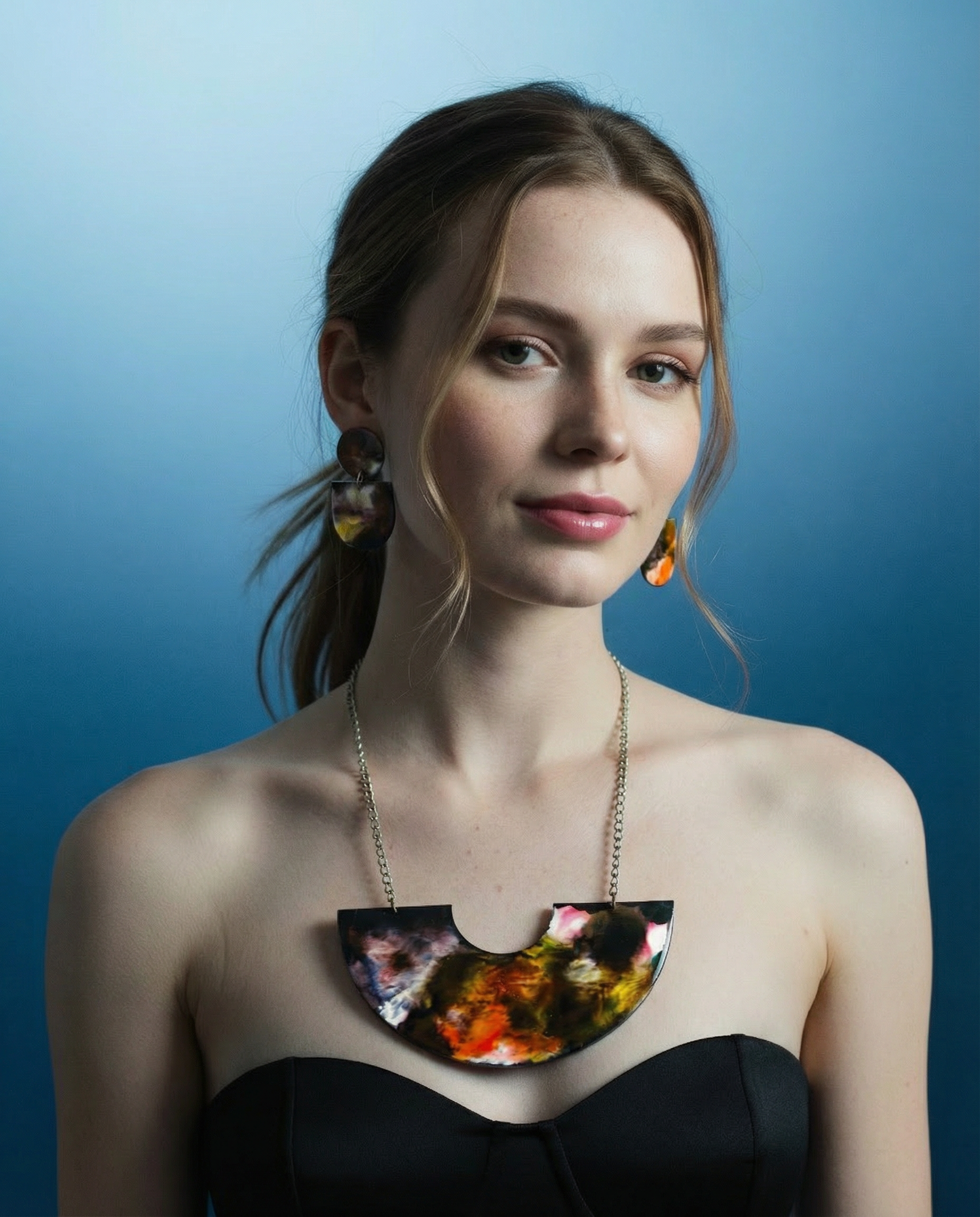 Abstract Alcohol Ink Jewelry Set in Black, White Yellow Orange, Fluid Art Jewelry Sayy Sacha designs