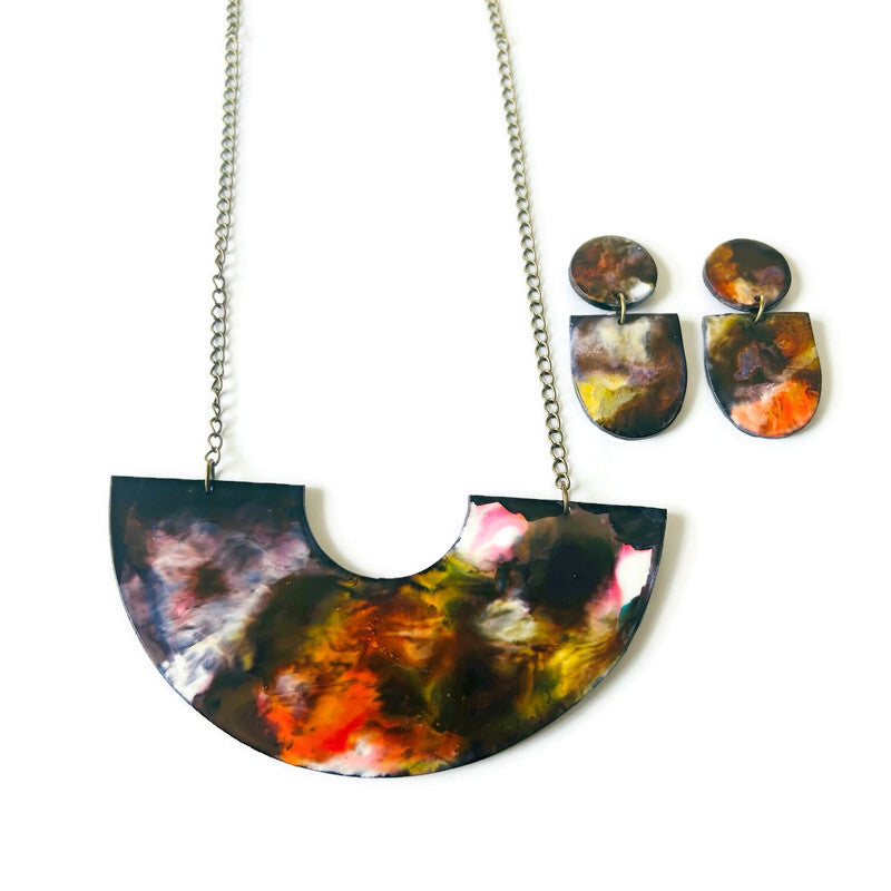 Abstract Alcohol Ink Jewelry Set in Black, White Yellow Orange, Fluid Art Jewelry Sassy Sacha designs necklace and earring set 2